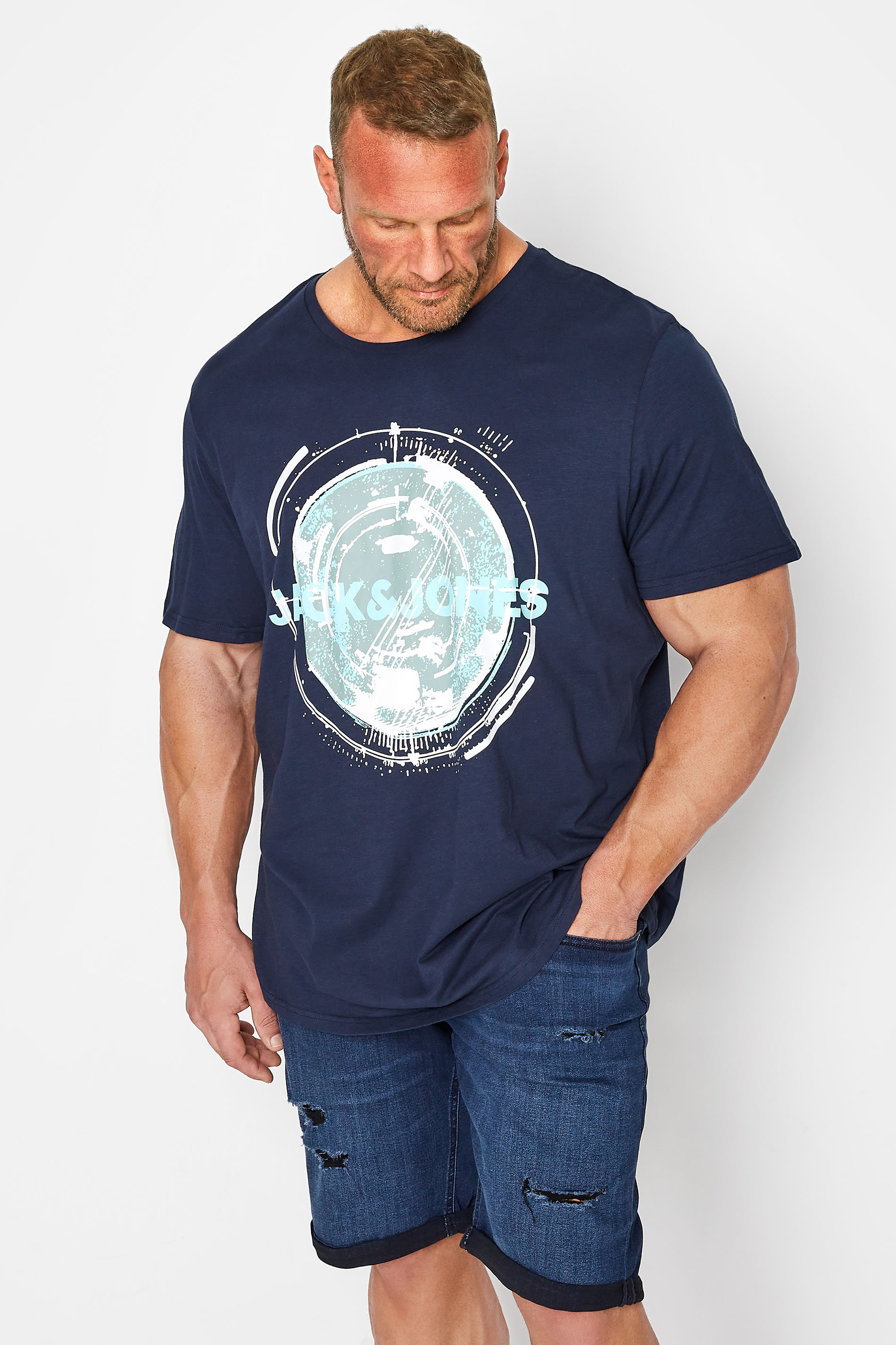 JACK & JONES Big & Tall Navy Blue Logo Print T-Shirt 1