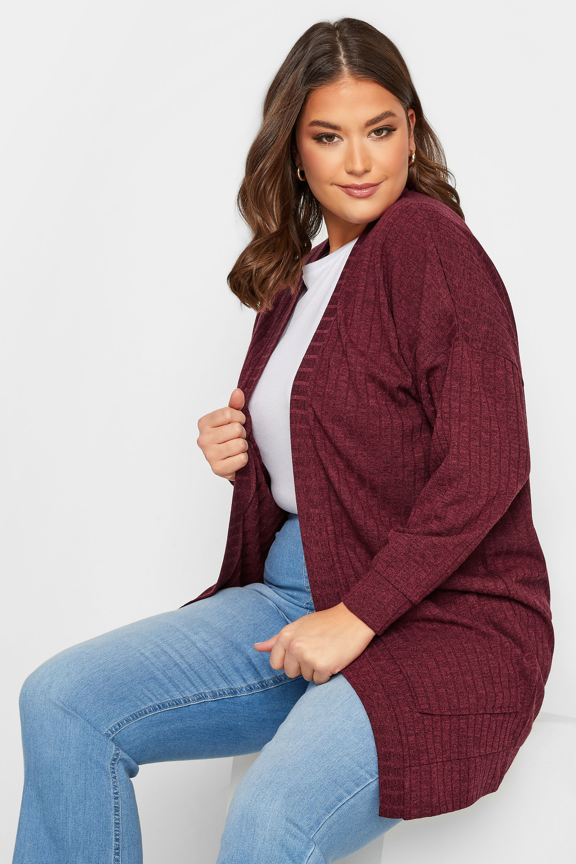 YOURS Plus Size Burgundy Red Ribbed Pocket Cardigan | Yours Clothing 1