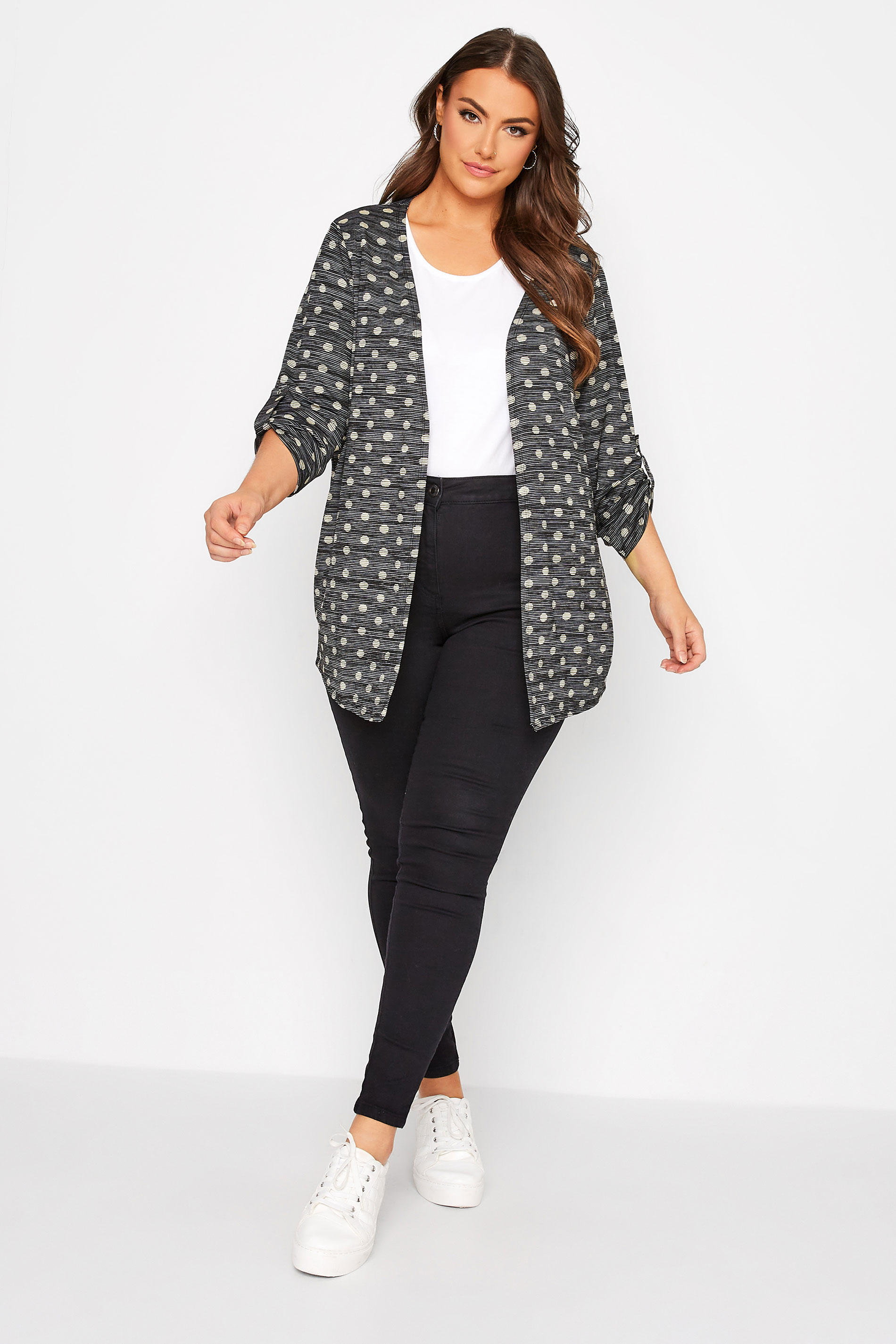 Plus Size Black Spot Print Roll Sleeve Cardigan | Yours Clothing 2