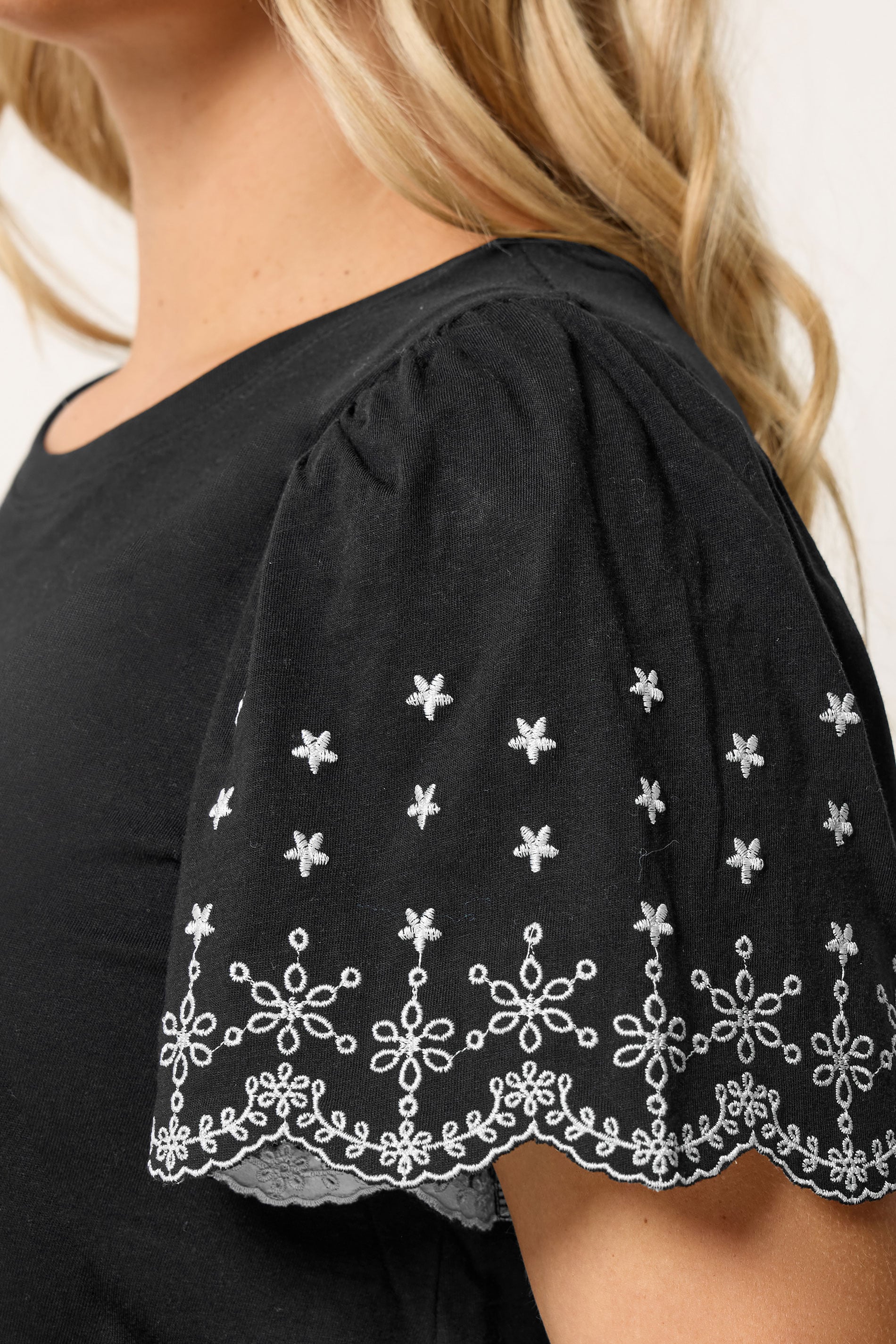 YOURS Plus Size Black Embroidered Sleeve T-Shirt | Yours Clothing 4