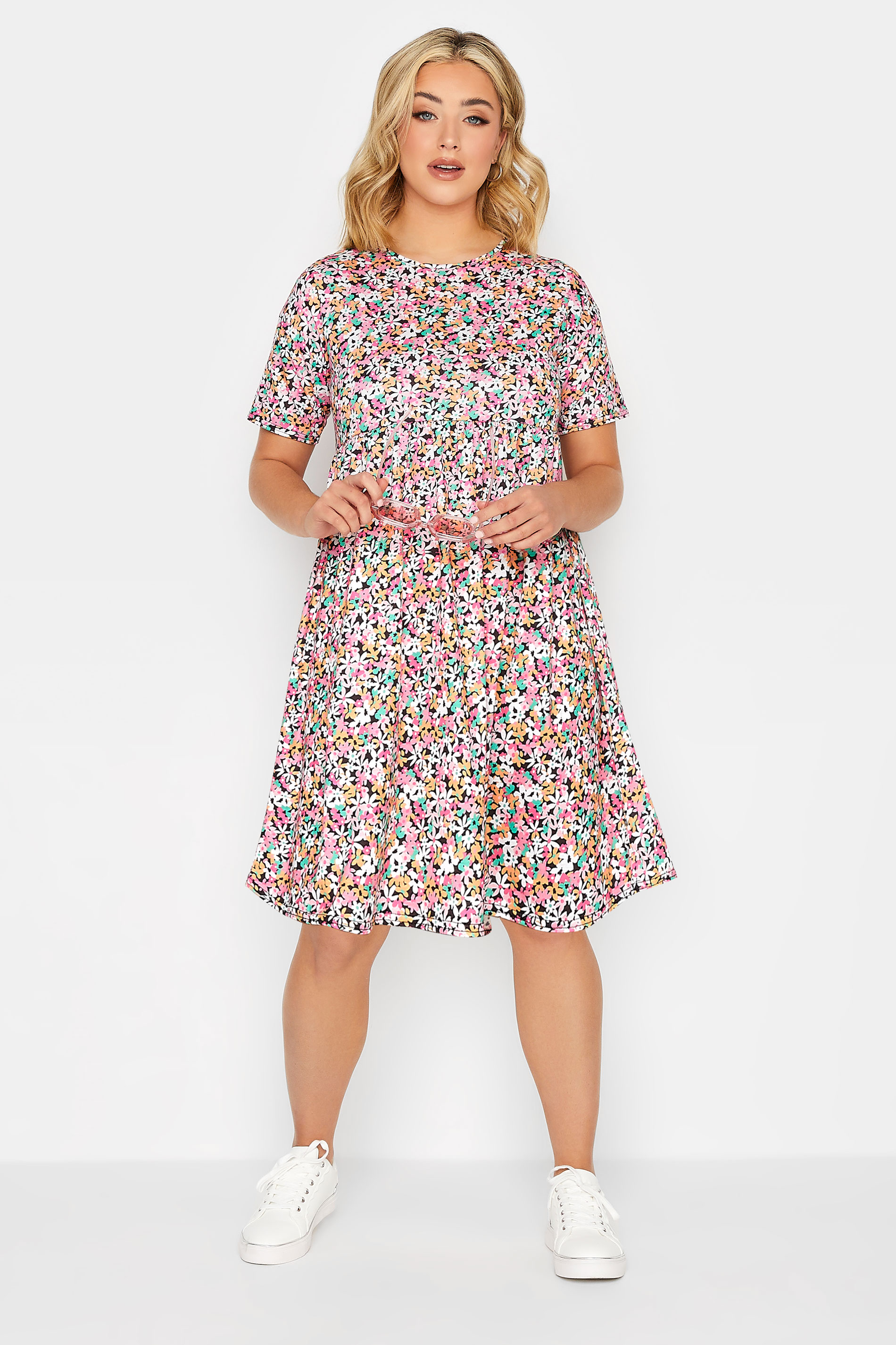 YOURS PETITE Plus Size Pink Ditsy Floral Print Smock Dress | Yours Clothing 2