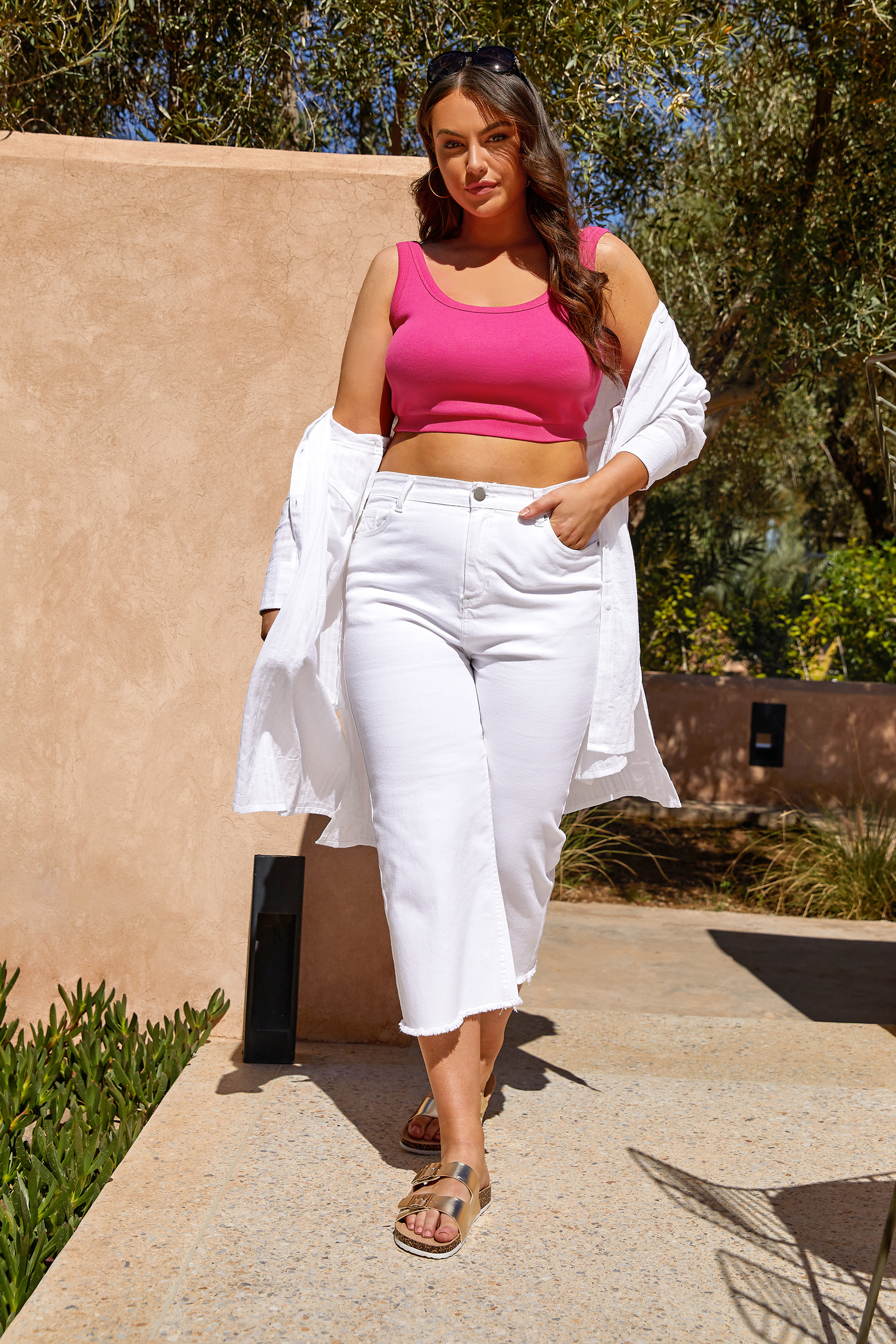 Plus Size White Stretch Wide Leg Cropped Jeans | Yours Clothing 1