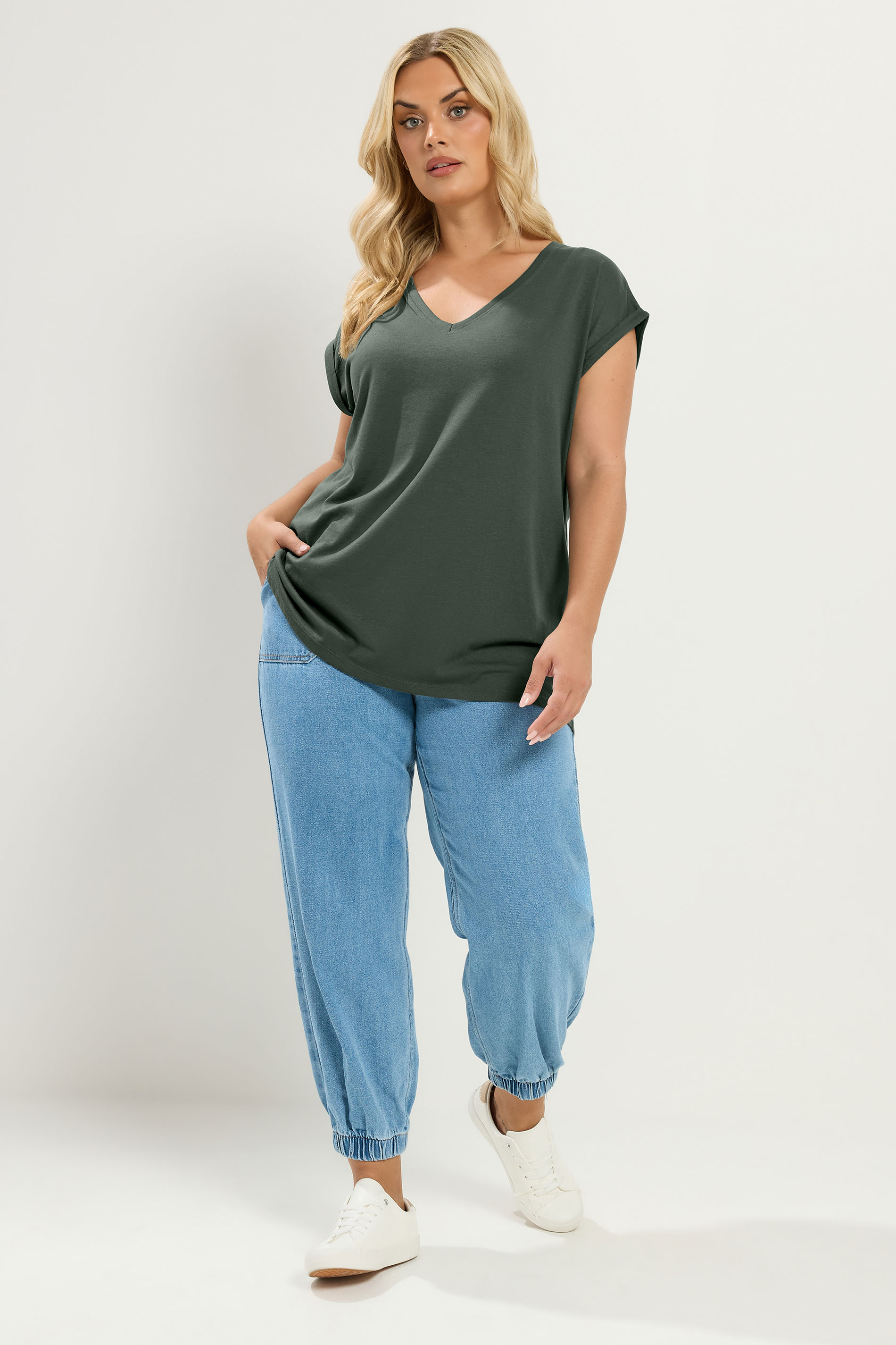 YOURS Plus Size Khaki Green V Neckline T-Shirt | Yours Clothing 1