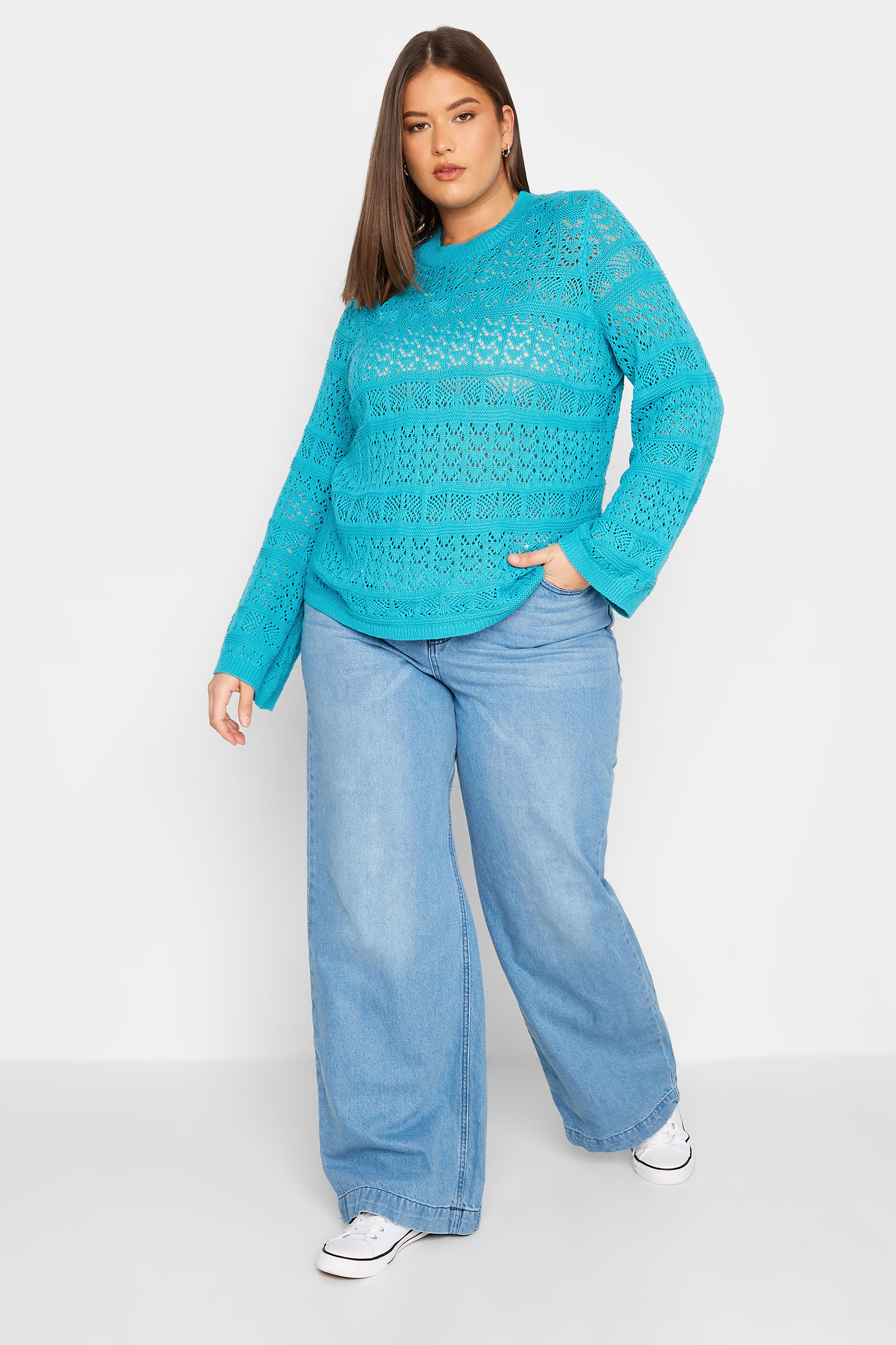 LTS Tall Blue Crochet Flare Sleeve Jumper | Long Tall Sally  2