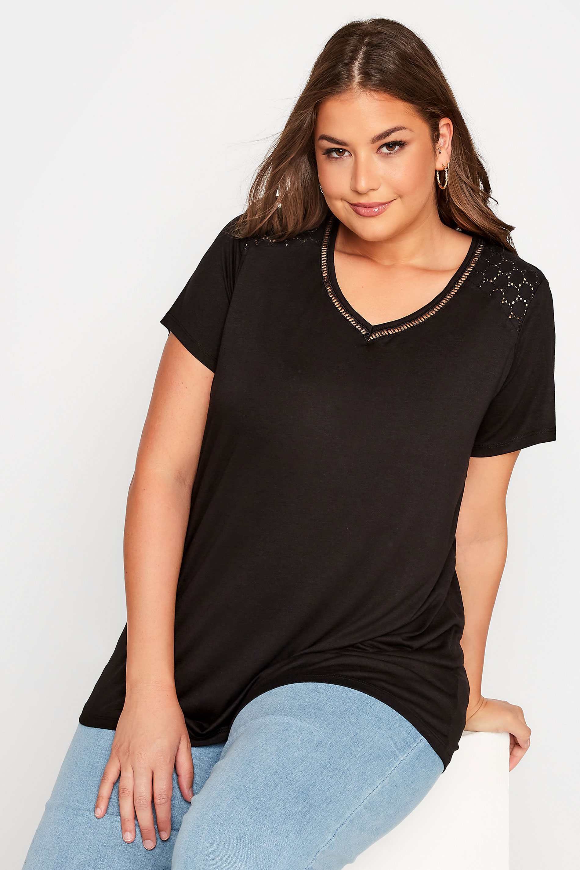Plus Size Black Embroidered Shoulder Detail T-Shirt | Yours Clothing 1