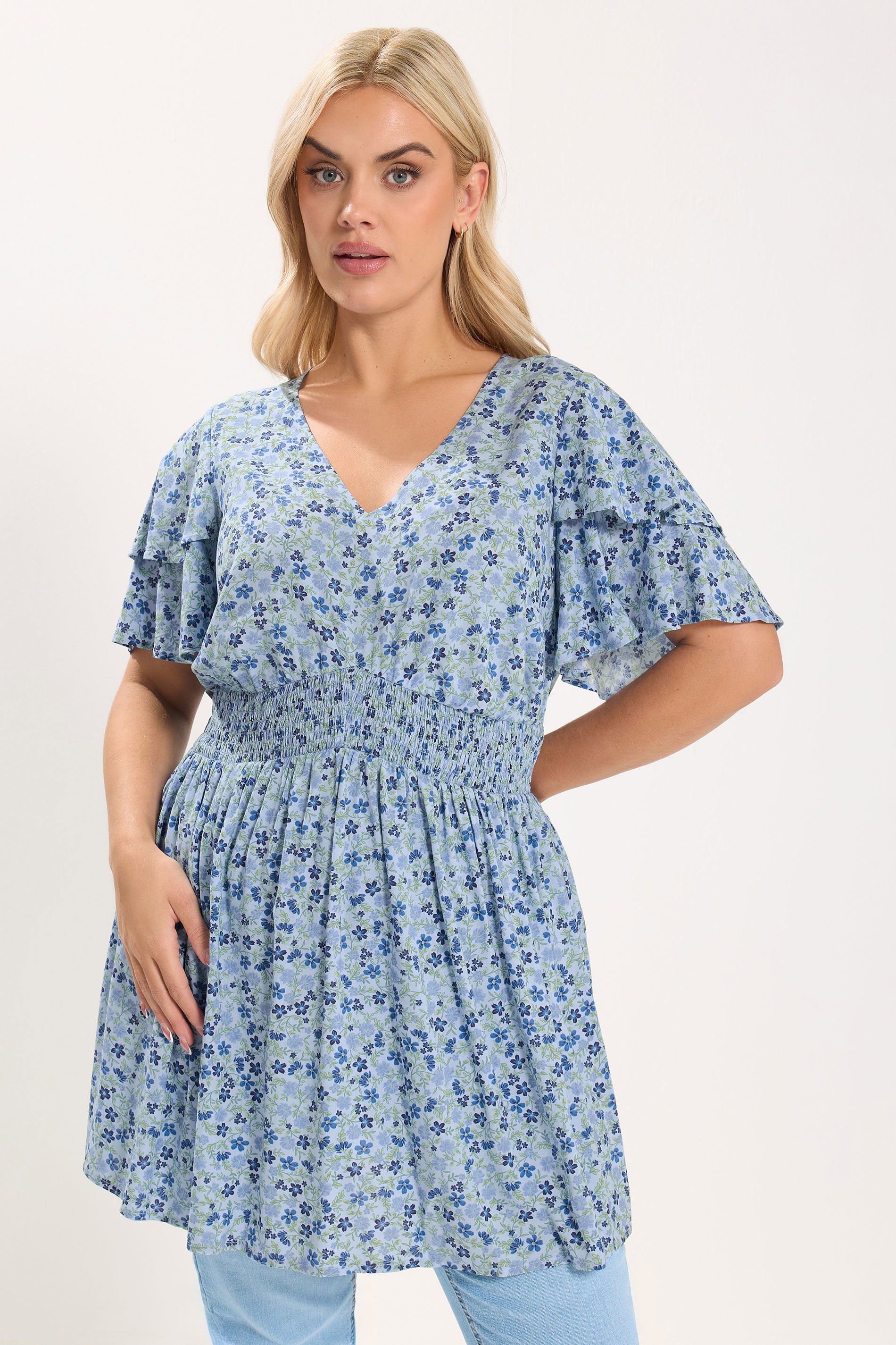 Blue Yours Plus Size Ditsy Floral Flutter Sleeve Top Size 20