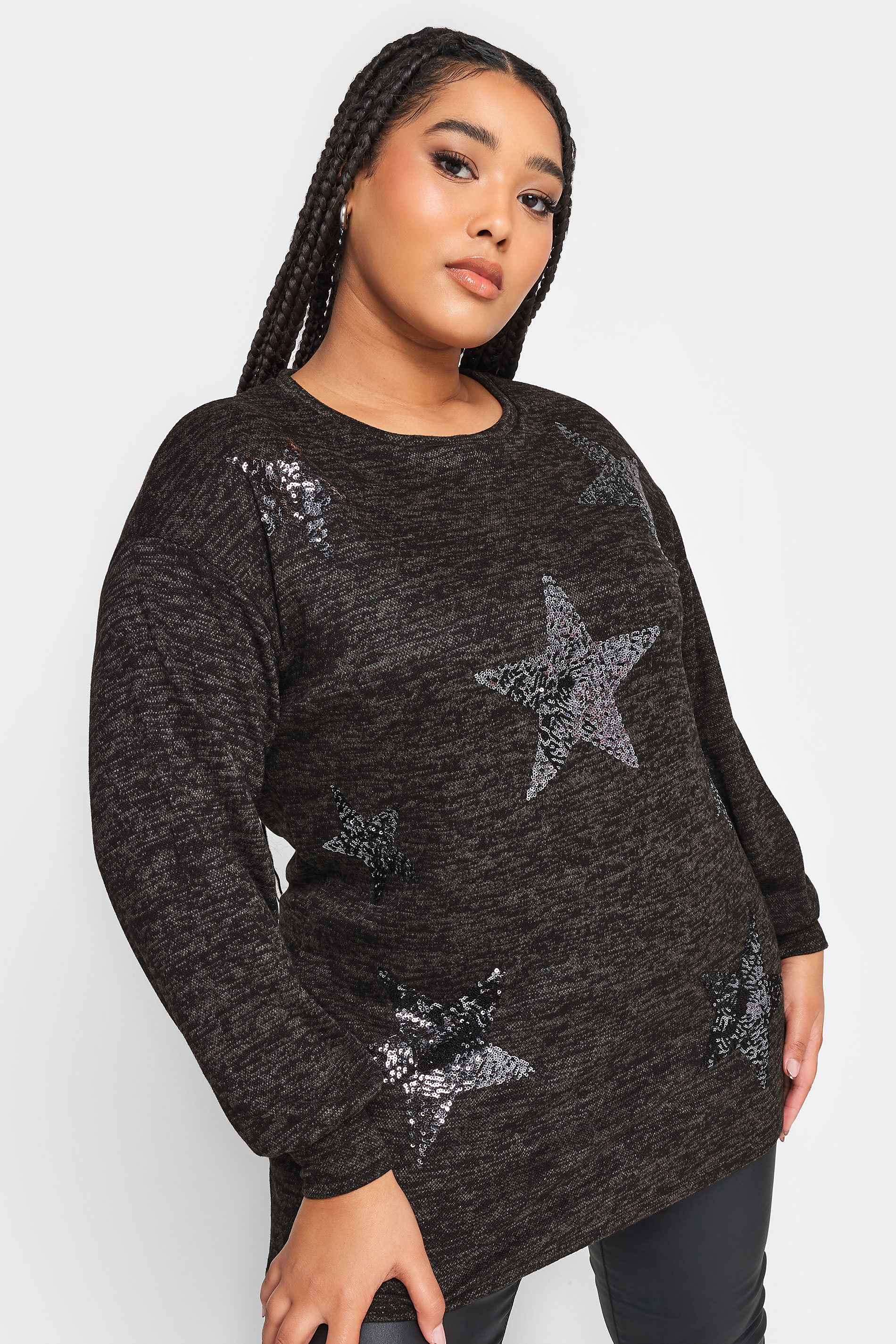 YOURS LUXURY Plus Size Black Sequin Star Print Jumper | Yours Clothing 1