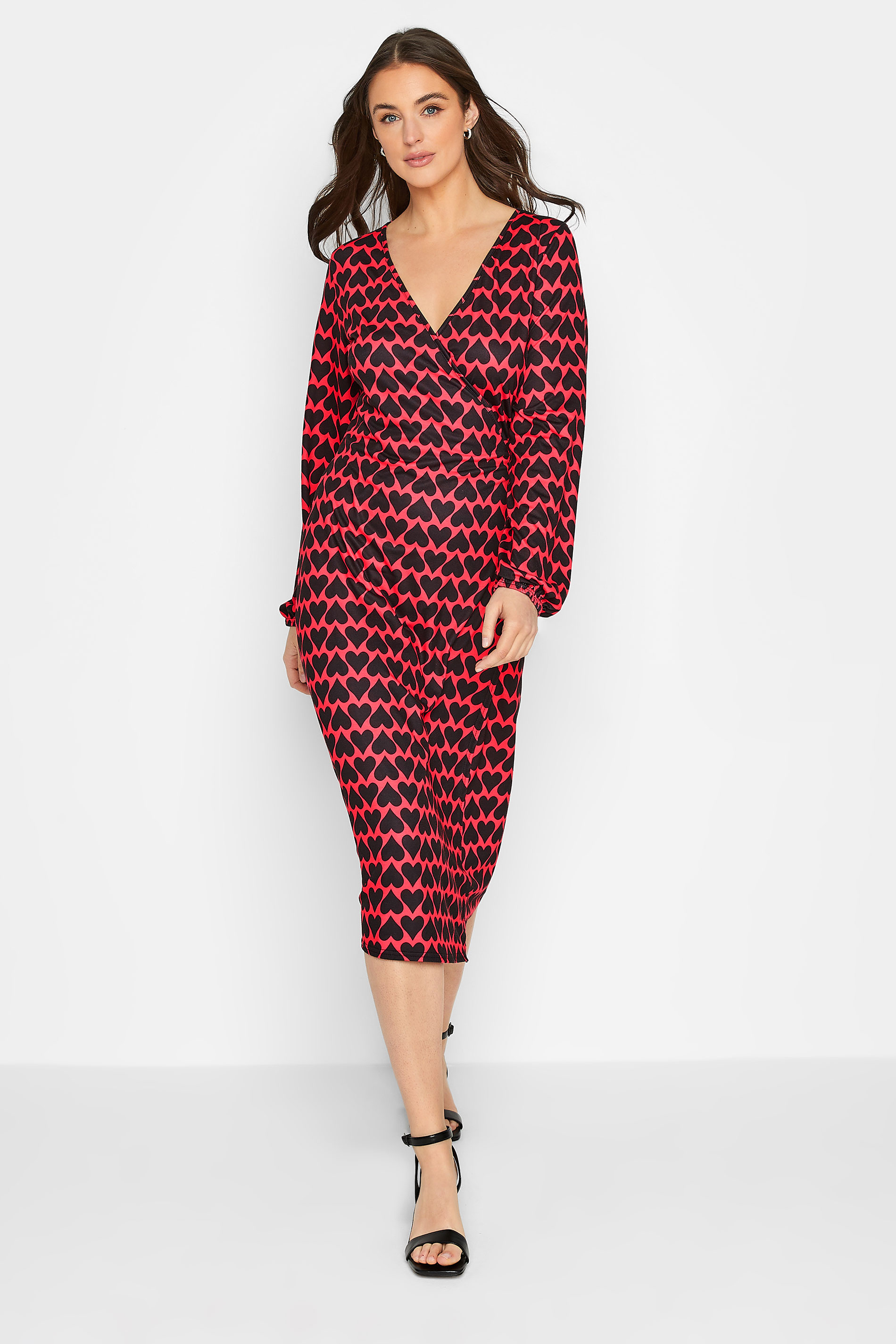 LTS Tall Red & Black Heart Print Midi Wrap Dress | Long Tall Sally  1