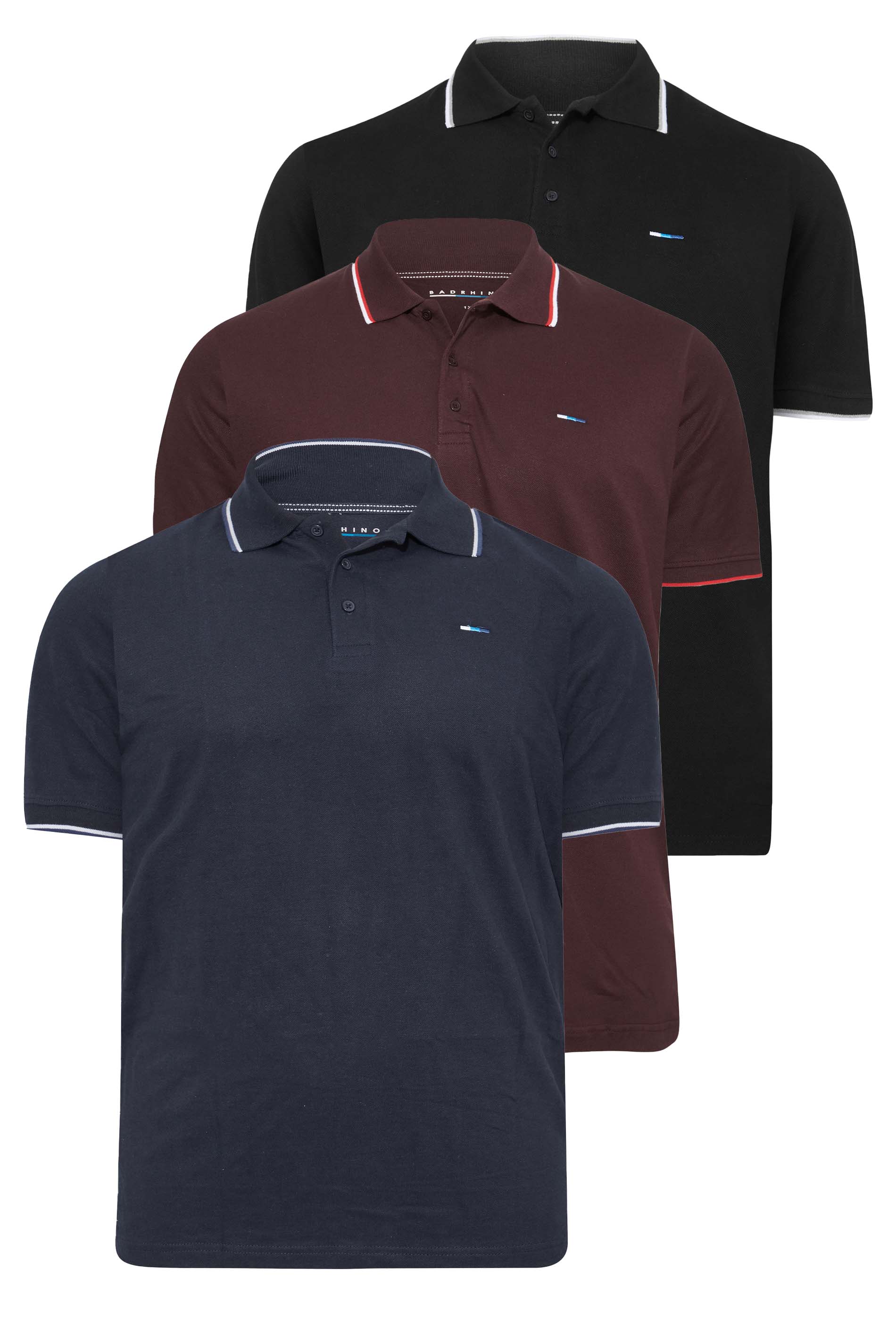 BadRhino Navy Blue 3 Pack Essential Tipped Polo Shirts | BadRhino 2
