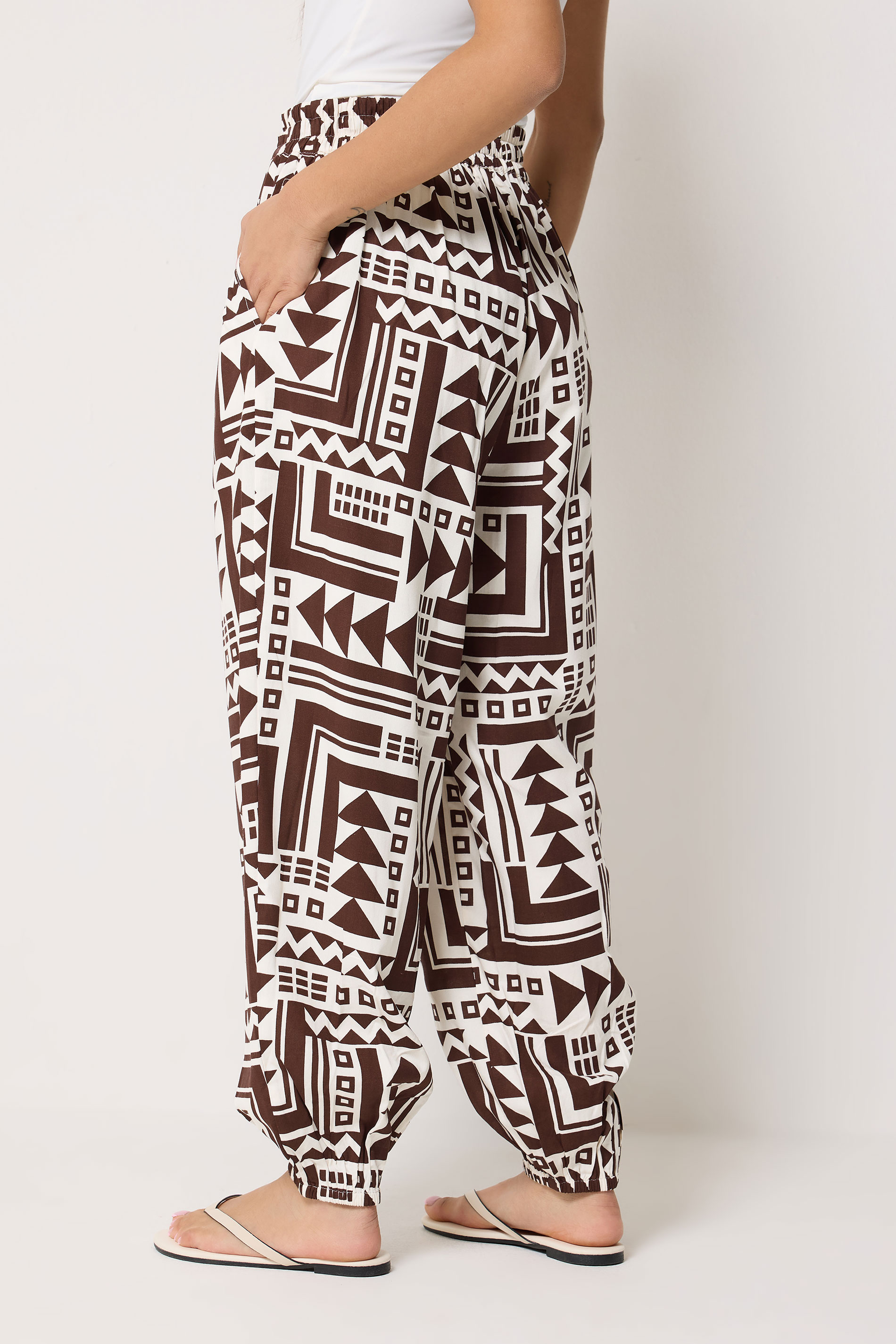 PixieGirl Petite Women's Brown Abstract Harem Trousers | PixieGirl 2
