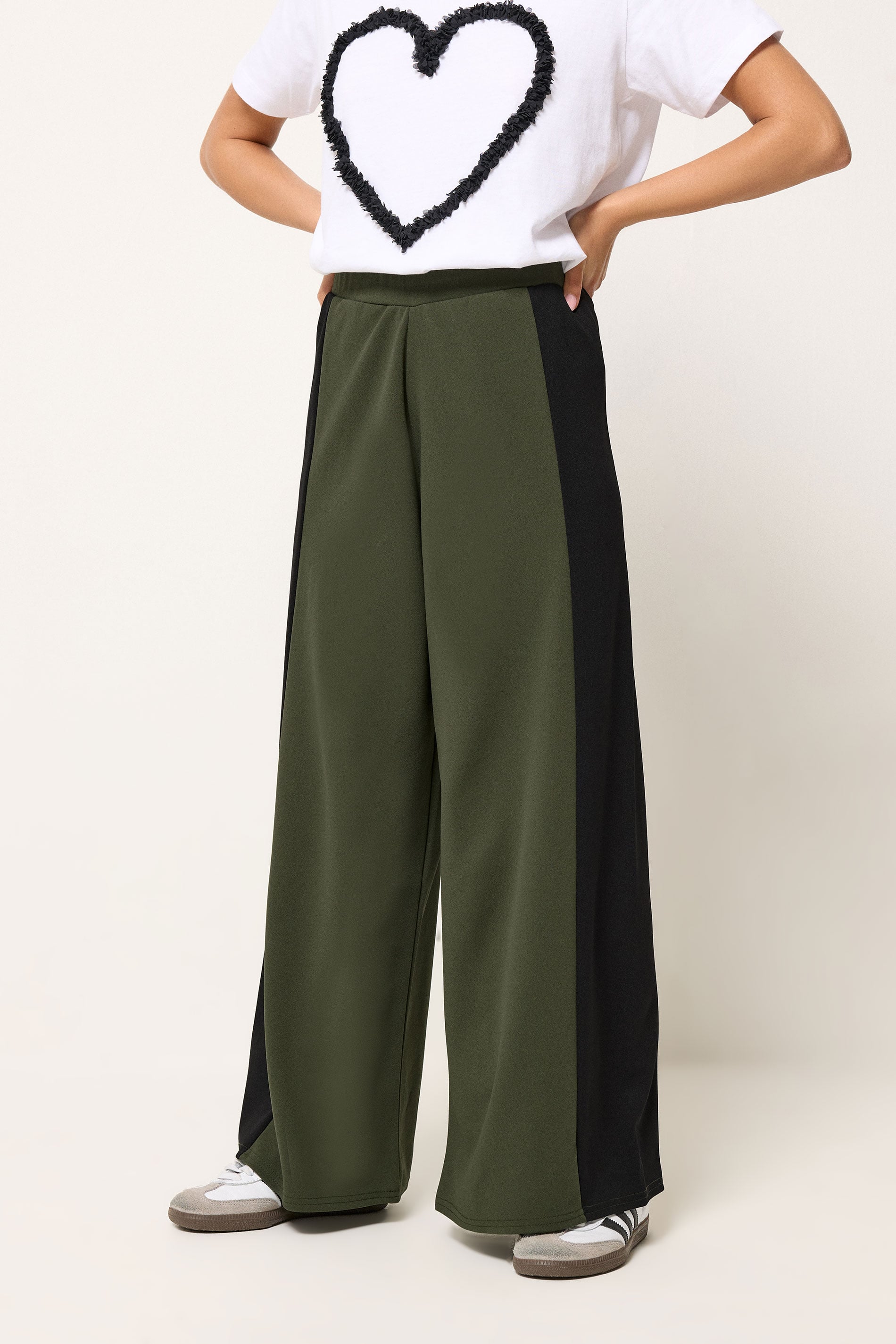 PixieGirl Petite Women's Khaki Green Side Panel Wide Leg Trousers | PixieGirl 1