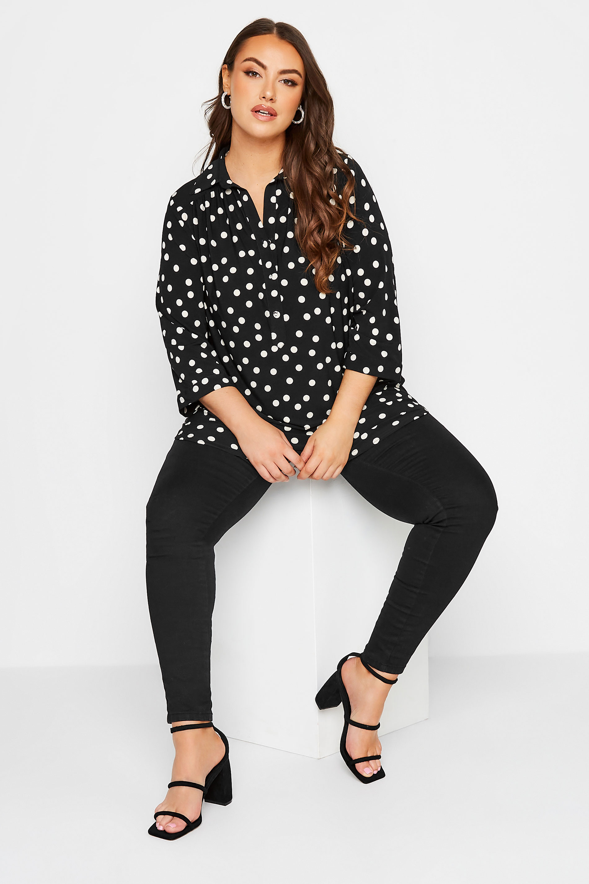 YOURS LONDON Plus Size Black Polka Dot Print Shirt | Yours Clothing 2