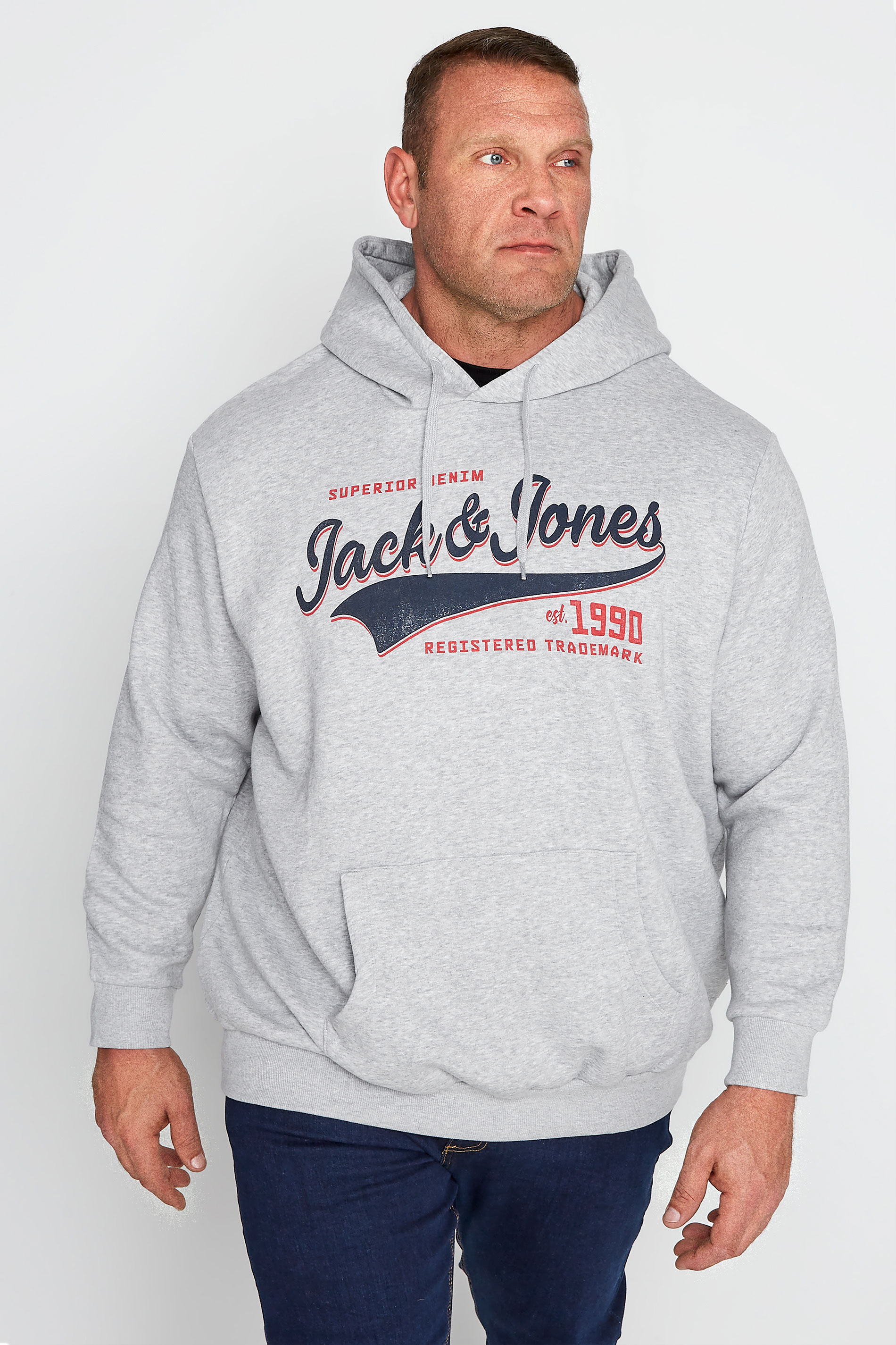 JACK & JONES Big & Tall Grey Logo Printed Hoodie 1