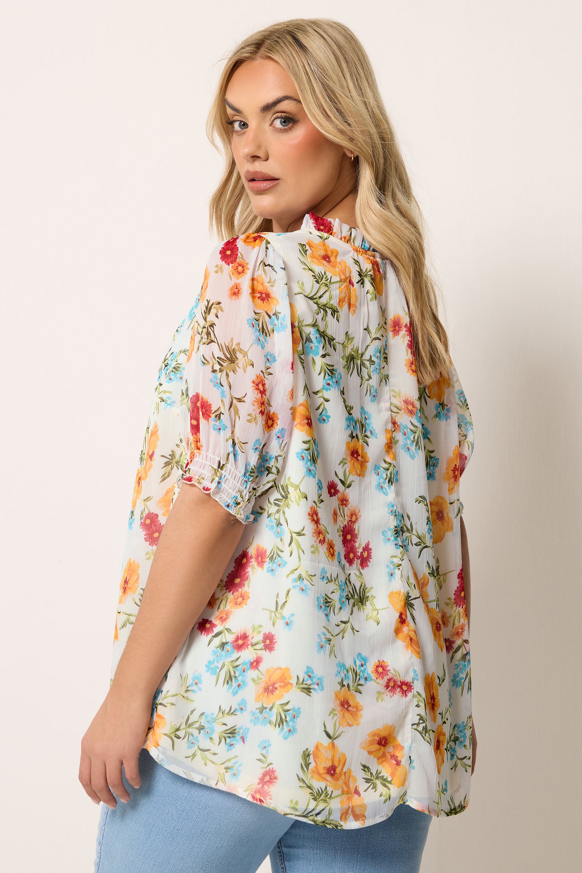 YOURS Plus Size White & Orange Floral Frill Neck Blouse | Yours Clothing 2