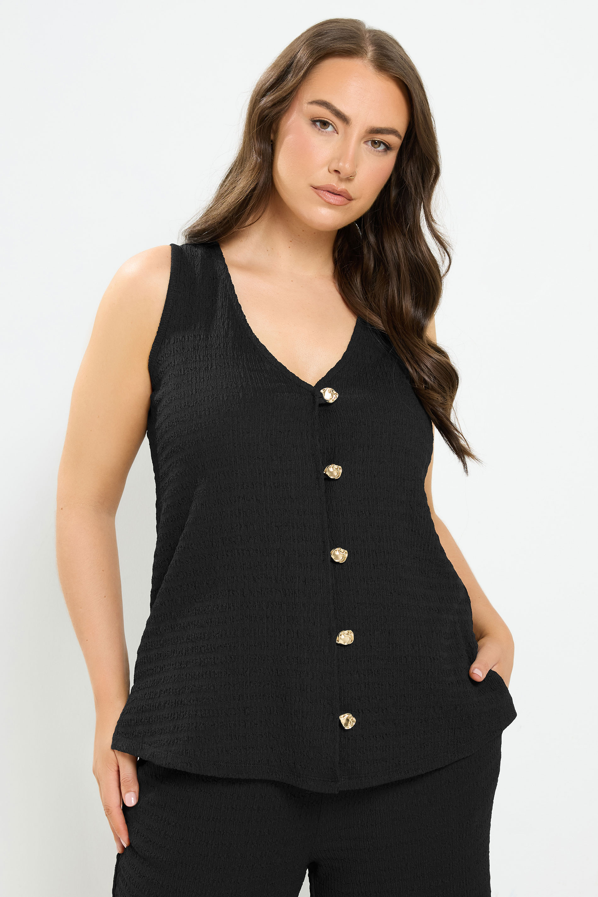 YOURS Plus Size Black Textured Button Through Waistcoat | Yours Clothing 3
