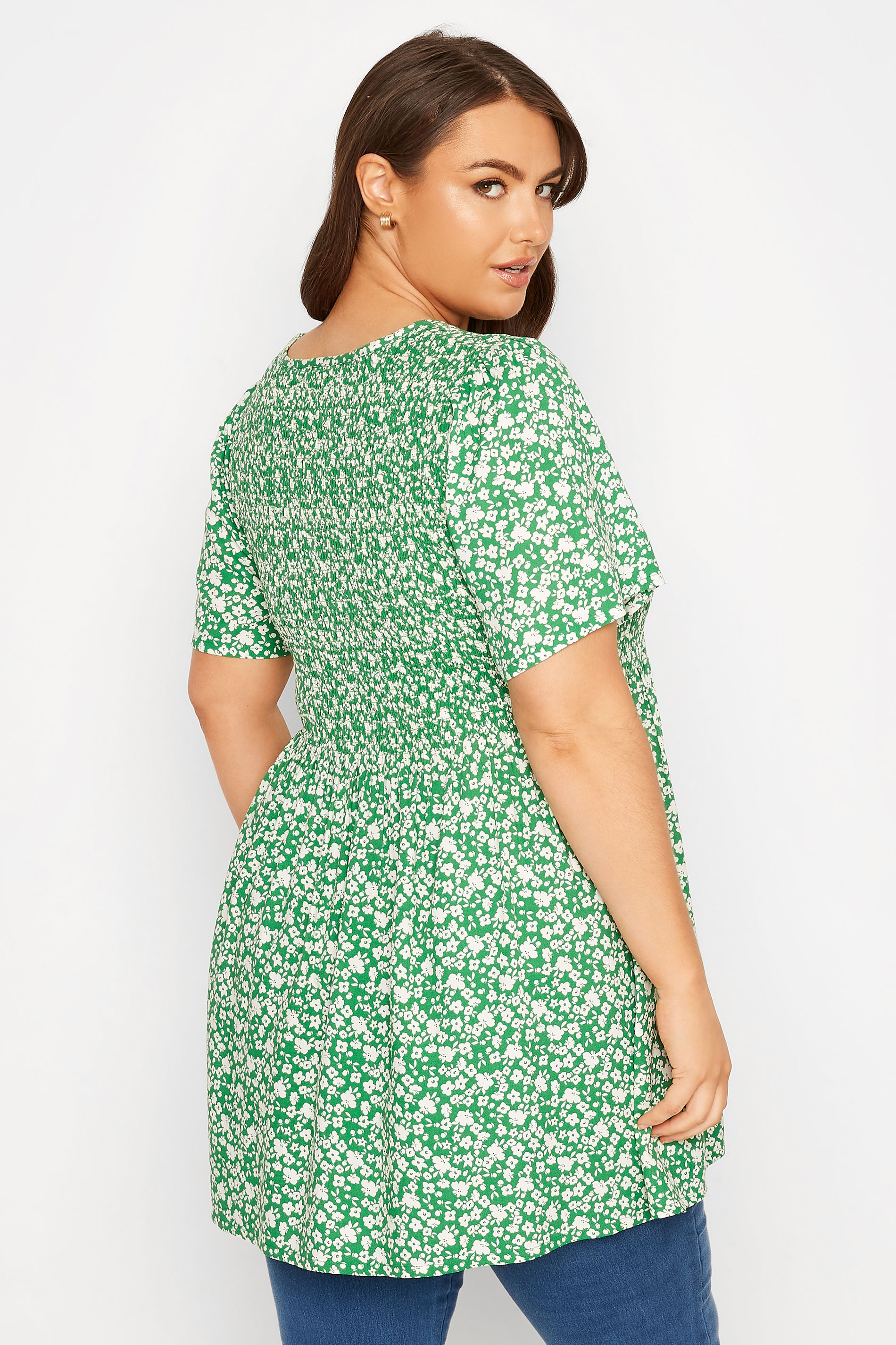 Plus Size Green Floral Print Shirred Top | Yours Clothing 3