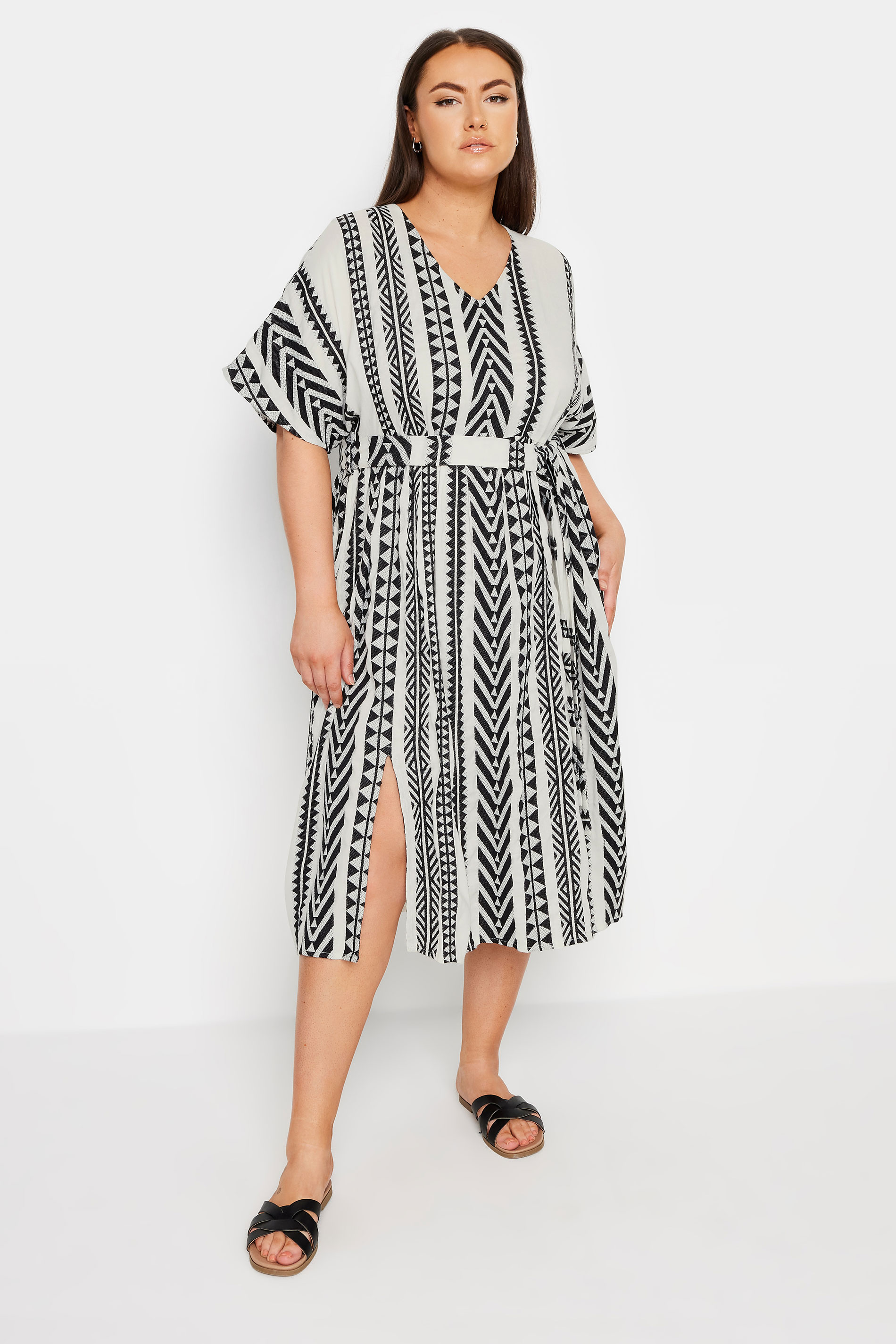 YOURS Plus Size Black & White Aztec Print Embroidered Maxi Dress | Yours Clothing  2