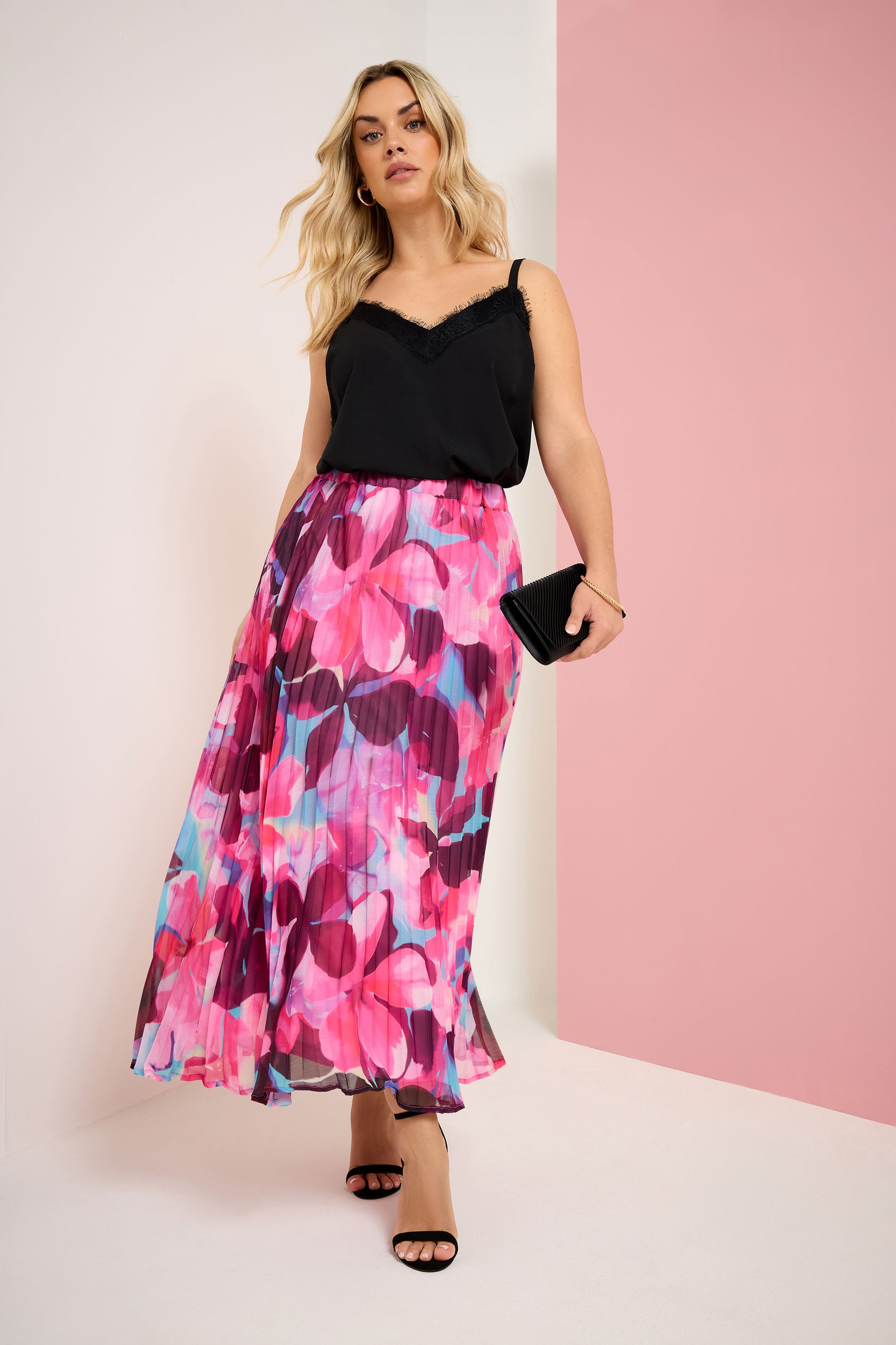 YOURS Plus Size Pink Pleated Floral Skirt | Yours Clothing 3