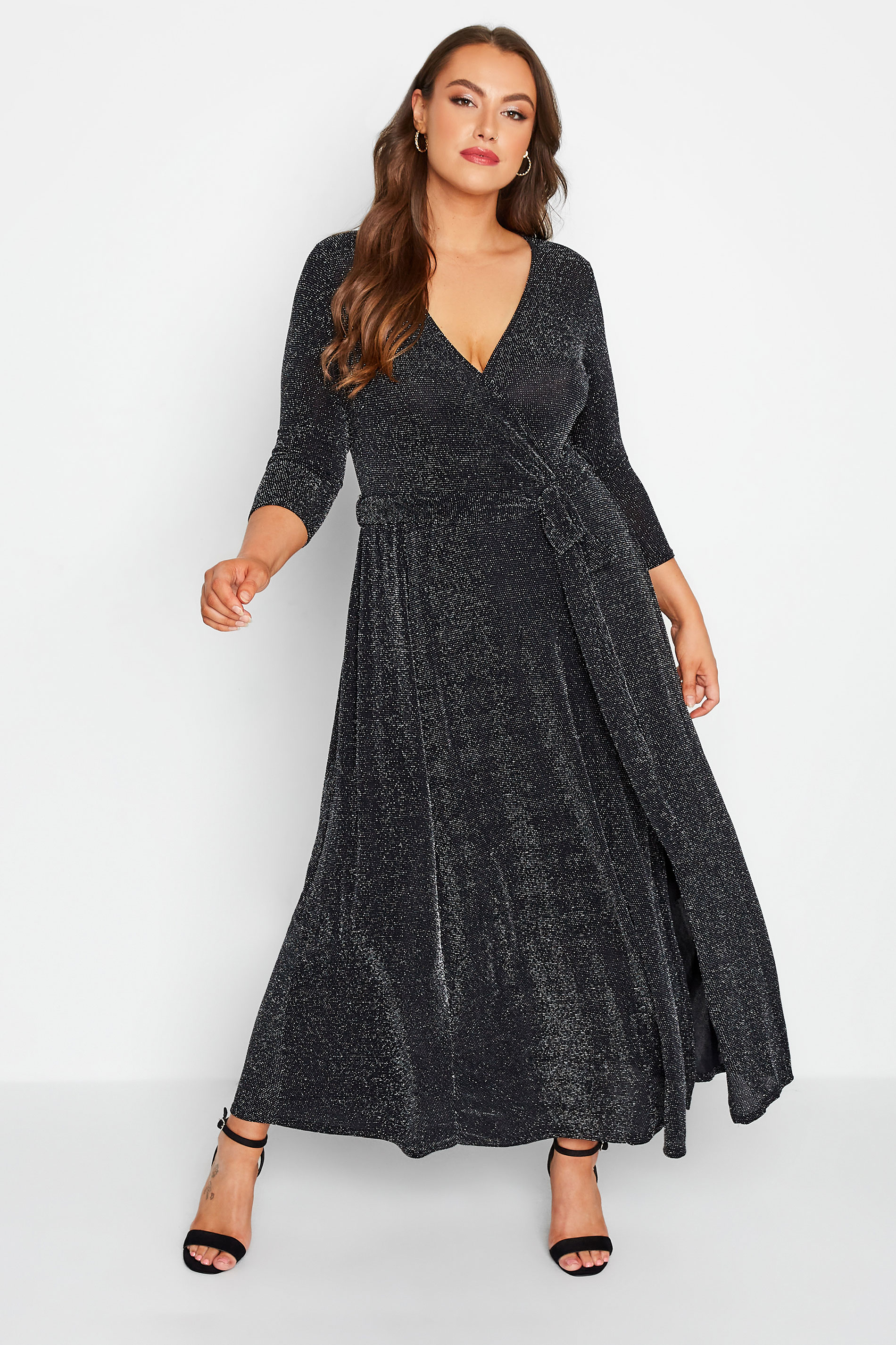YOURS LONDON Plus Size Black & Silver Glitter Wrap Dress | Yours Clothing 1