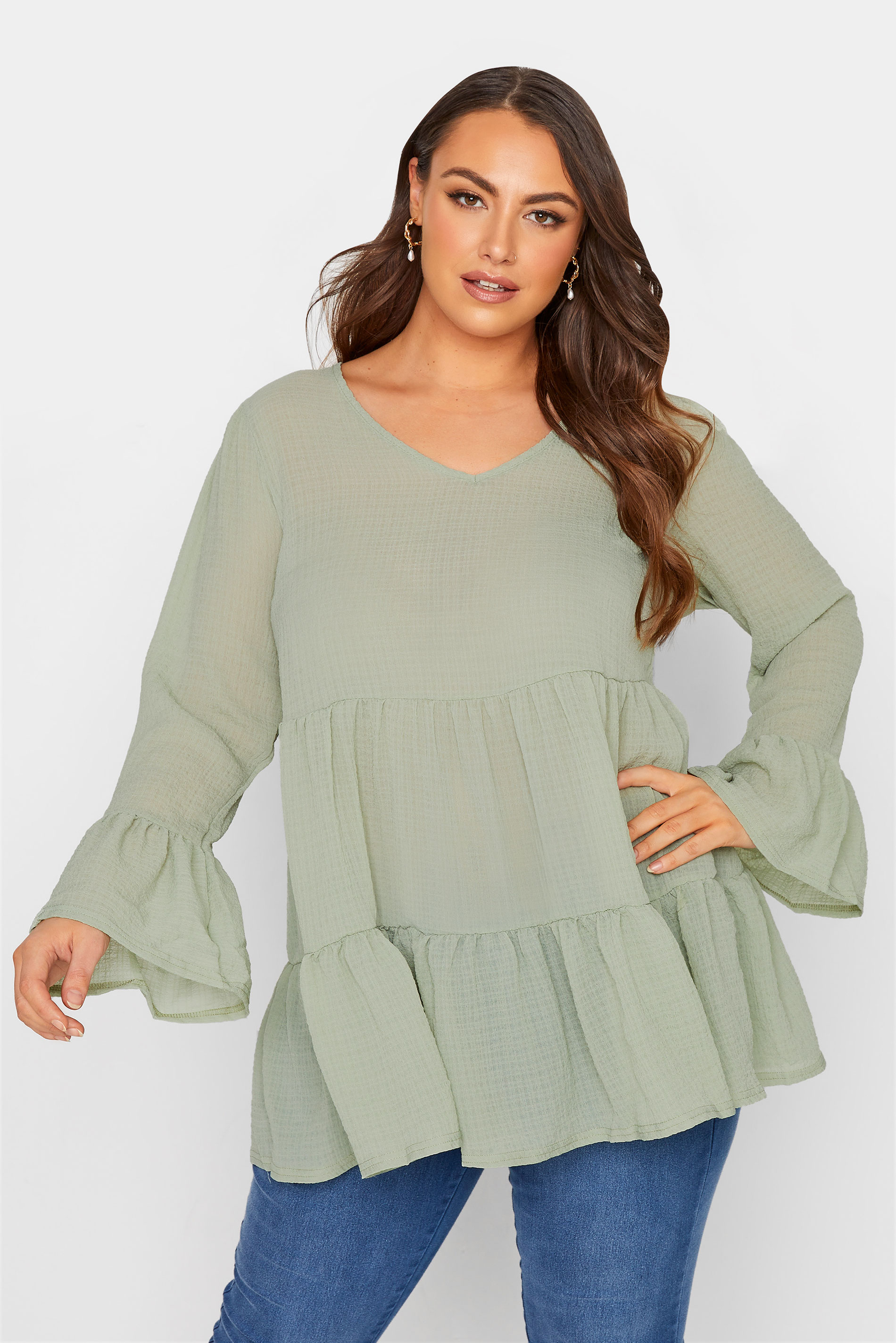 YOURS LONDON Curve Sage Green Ruffle Sleeve Tiered Smock Top_A.jpg