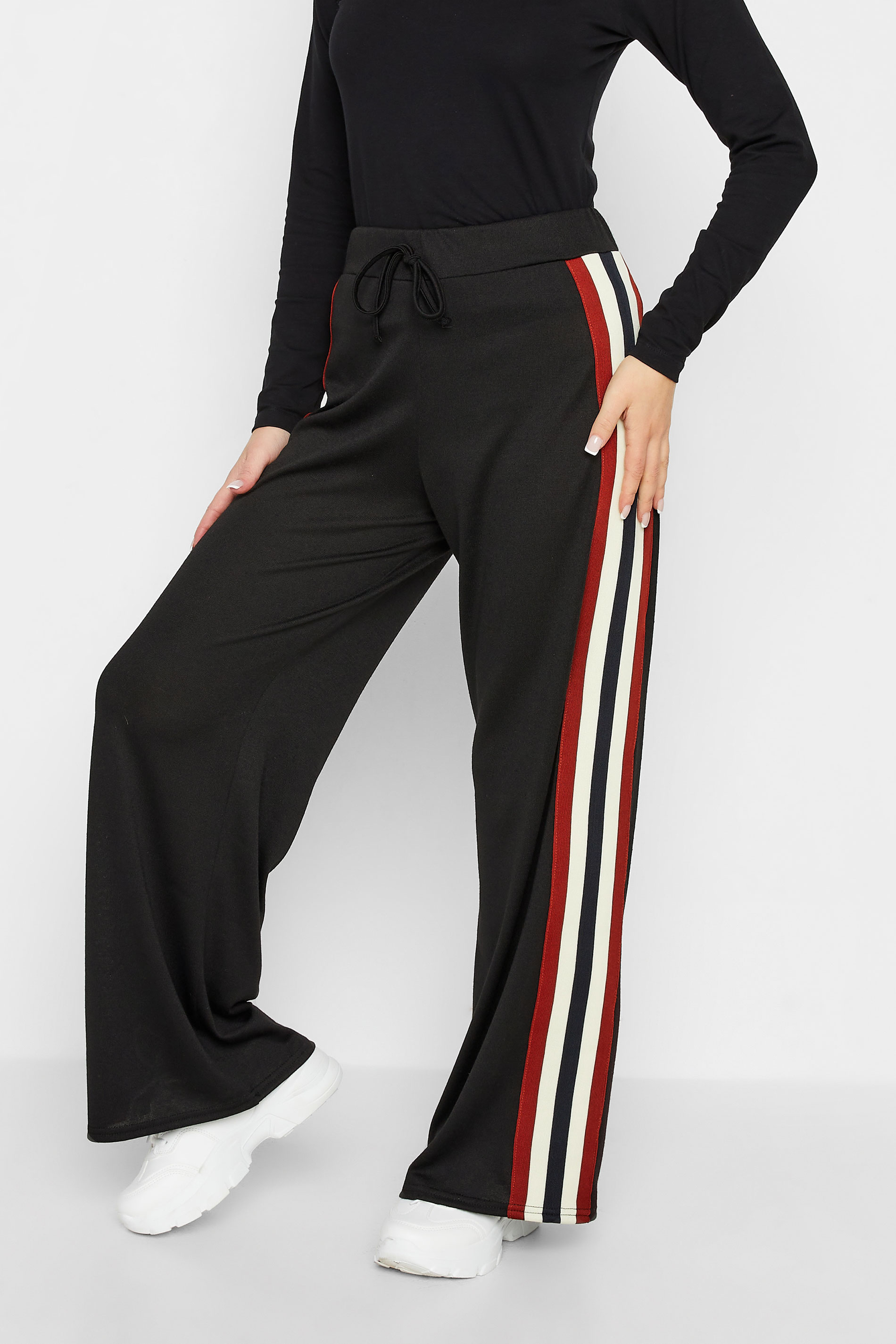Petite Black Side Stripe Knitted Wide Leg Trousers | PixieGirl 1