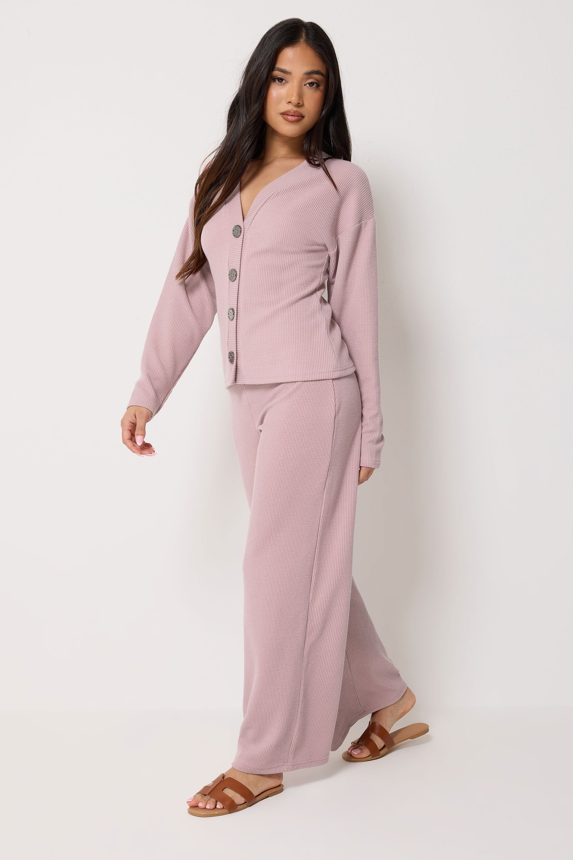 PixieGirl Petite Women's Light Pink Ribbed Wide Leg Trousers | PixieGirl 3