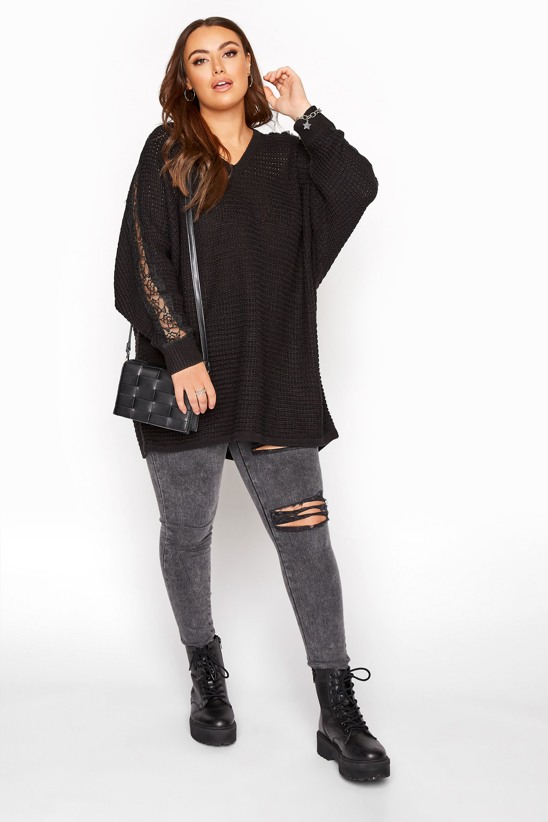 Black Lace Sleeve Knitted Jumper | Yours Clothing