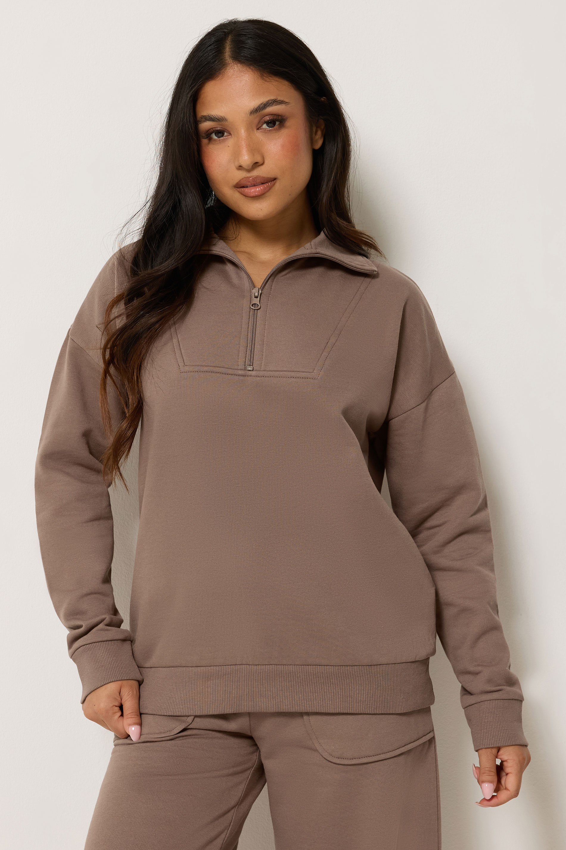 PixieGirl Petite Women's Mocha Brown Funnel Neck Half Zip Sweatshirt | PixieGirl  3