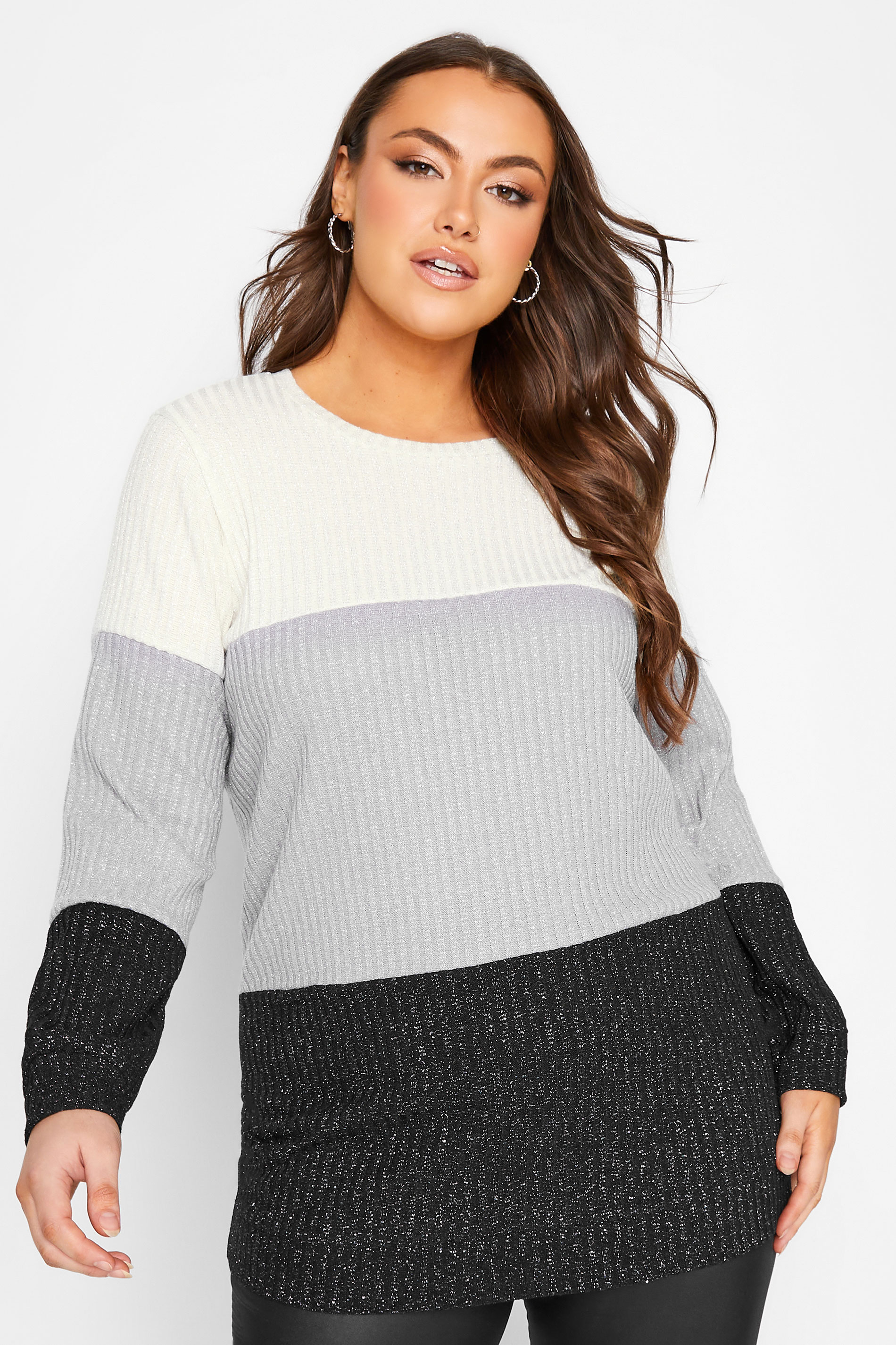 YOURS LUXURY Curve Grey Colour Block Soft Touch Metallic Jumper | Yours Clothing 1