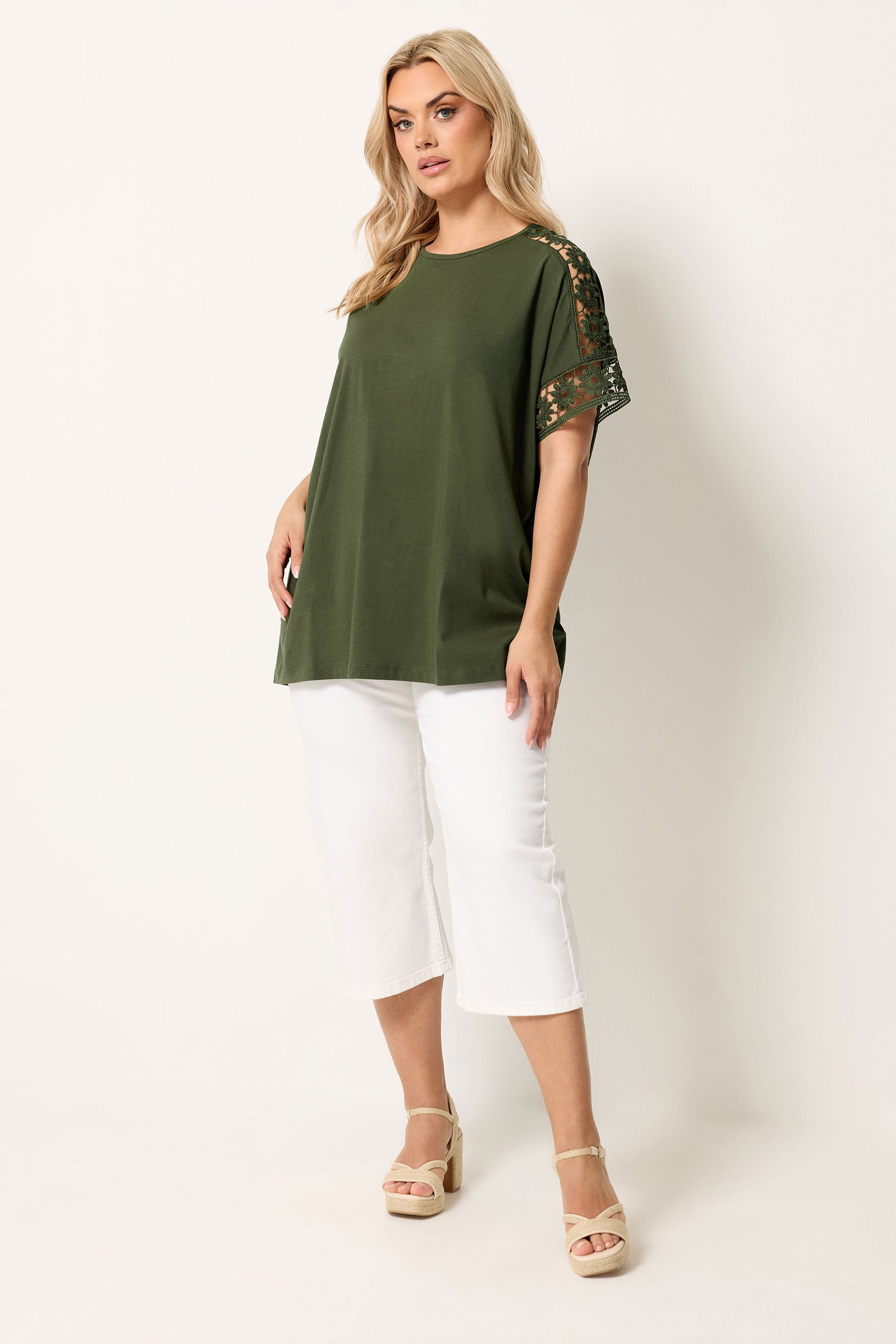 YOURS Curve Khaki Green Crochet Sleeve Boxy T-Shirt | Yours Clothing 1