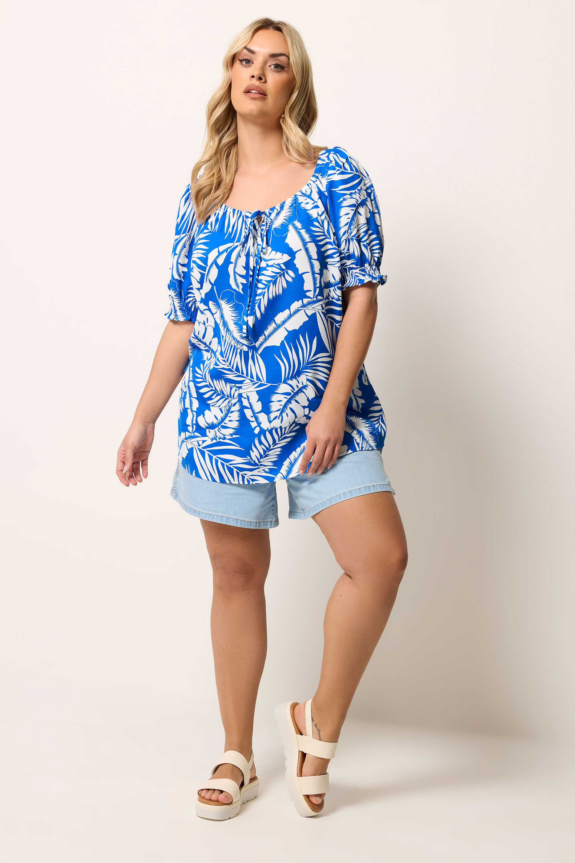 YOURS Plus Size Dark Blue Palm Leaf Tie Neck Blouse | Yours Clothing 1