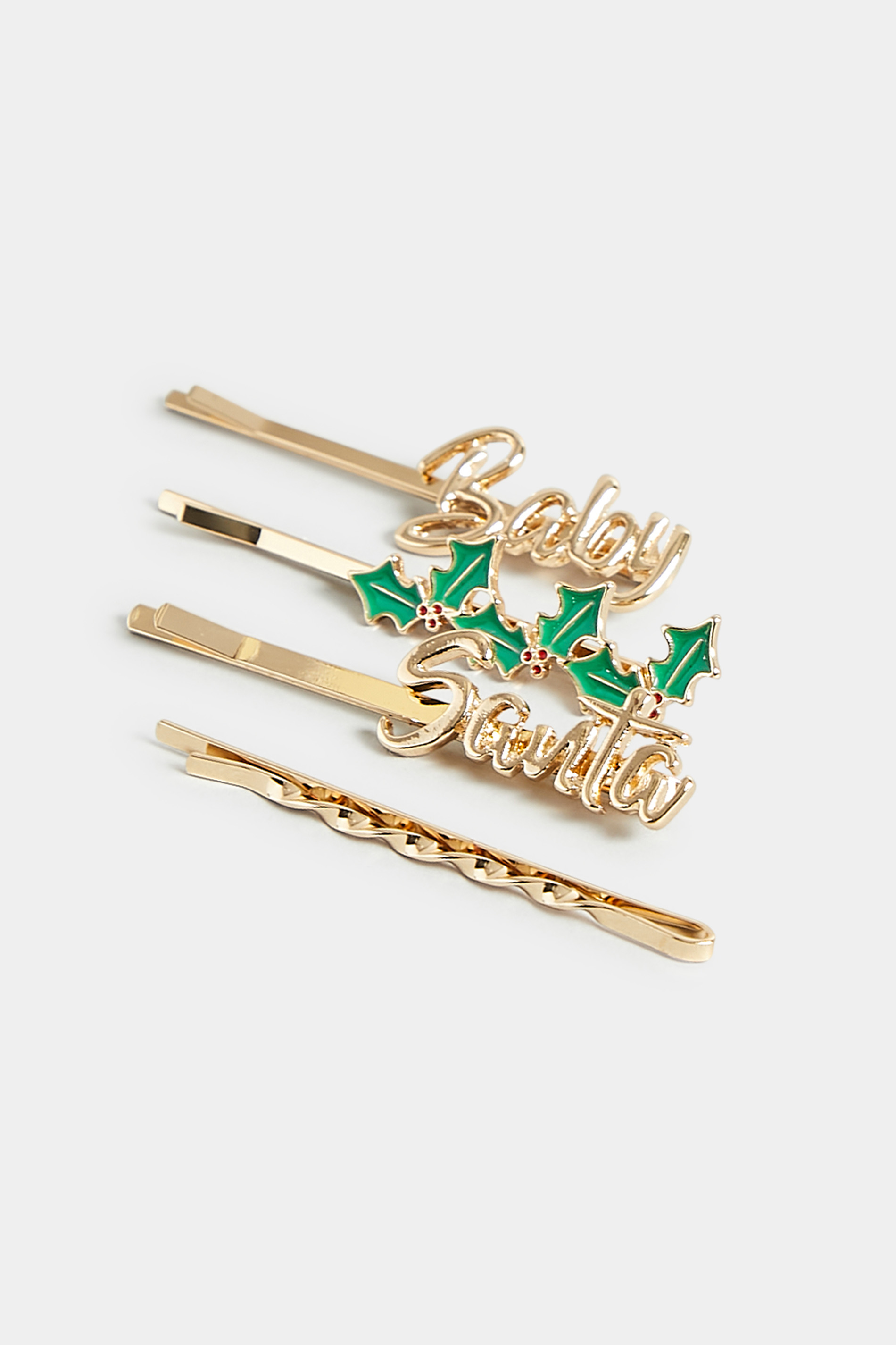 4 PACK Gold 'Santa Baby' Christmas Hairslide Set | Yours Clothing 3