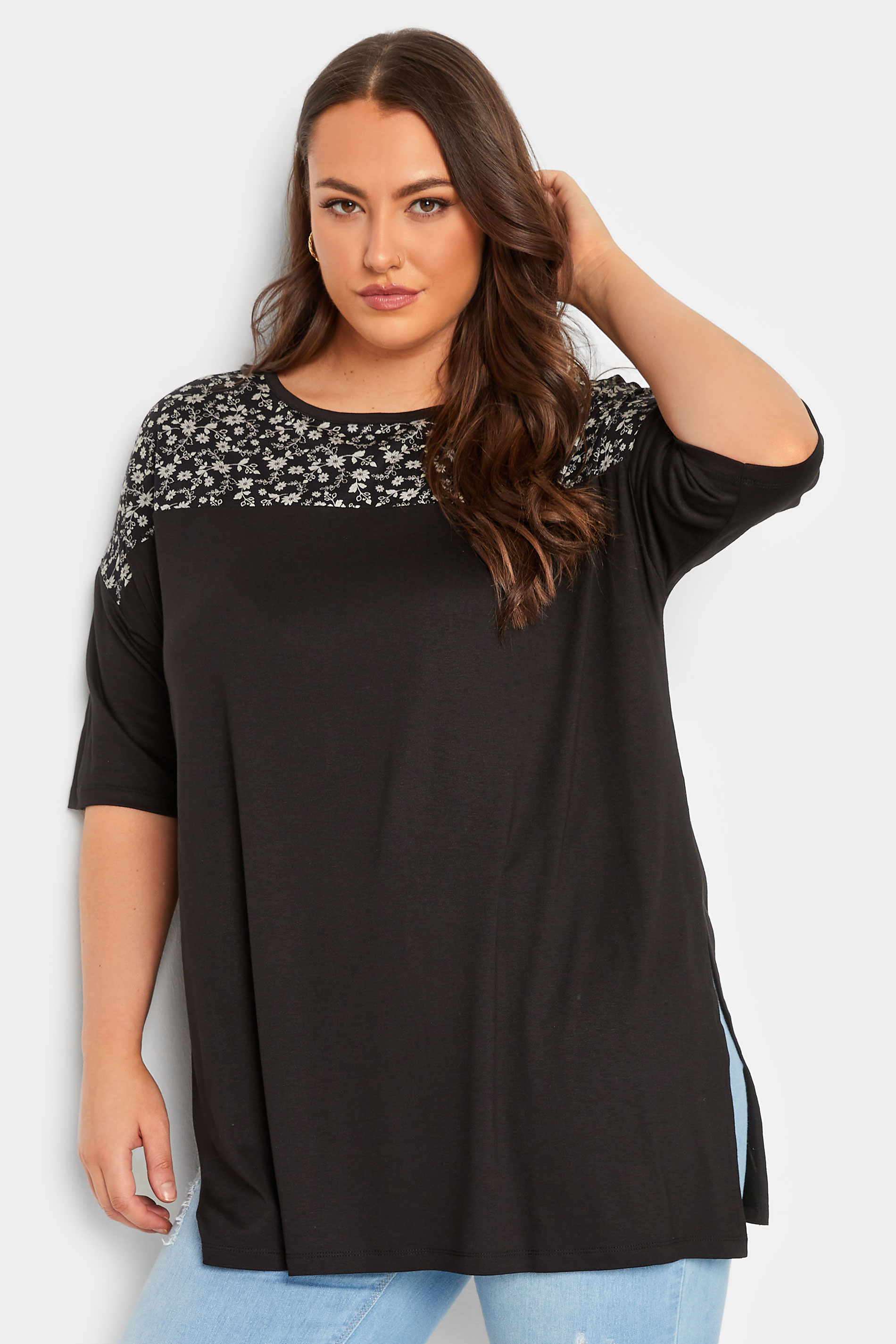 YOURS Plus Size Black Floral Print Panel Top | Yours Clothing 1