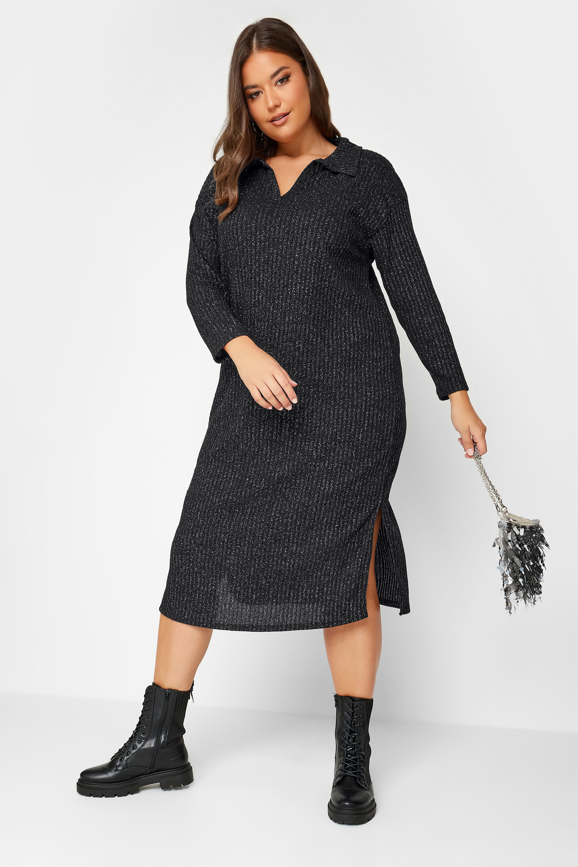 Curve Plus Size Black Ribbed Collar Midi Dress | Yours Clothing  2
