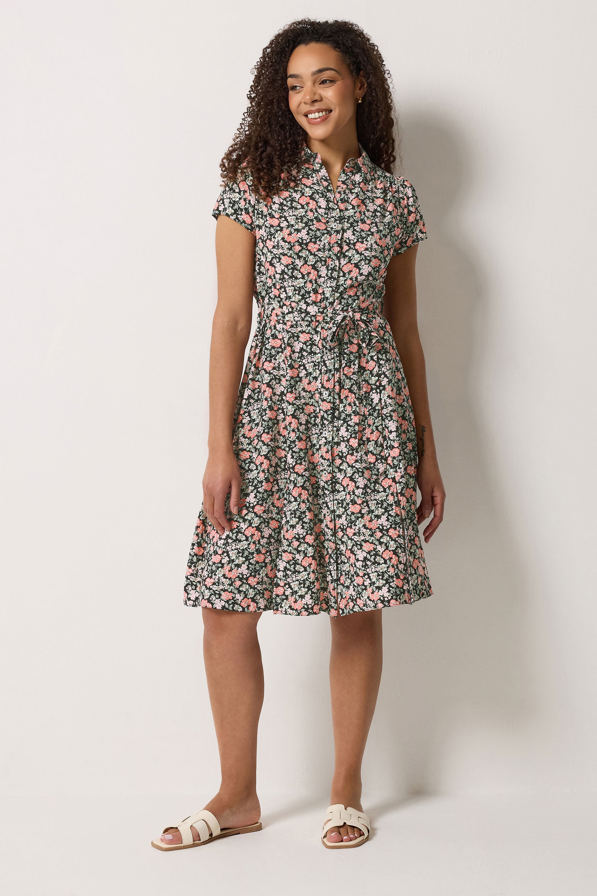 M&Co Black & Pink Floral Tie Waist Shirt Dress | M&Co 2