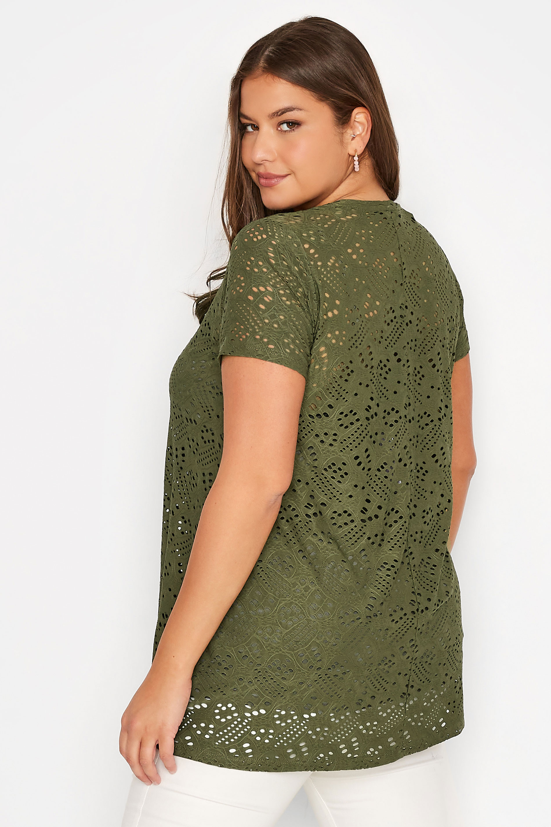 Plus Size Khaki Green Broderie Anglaise Swing T-Shirt | Yours Clothing 3