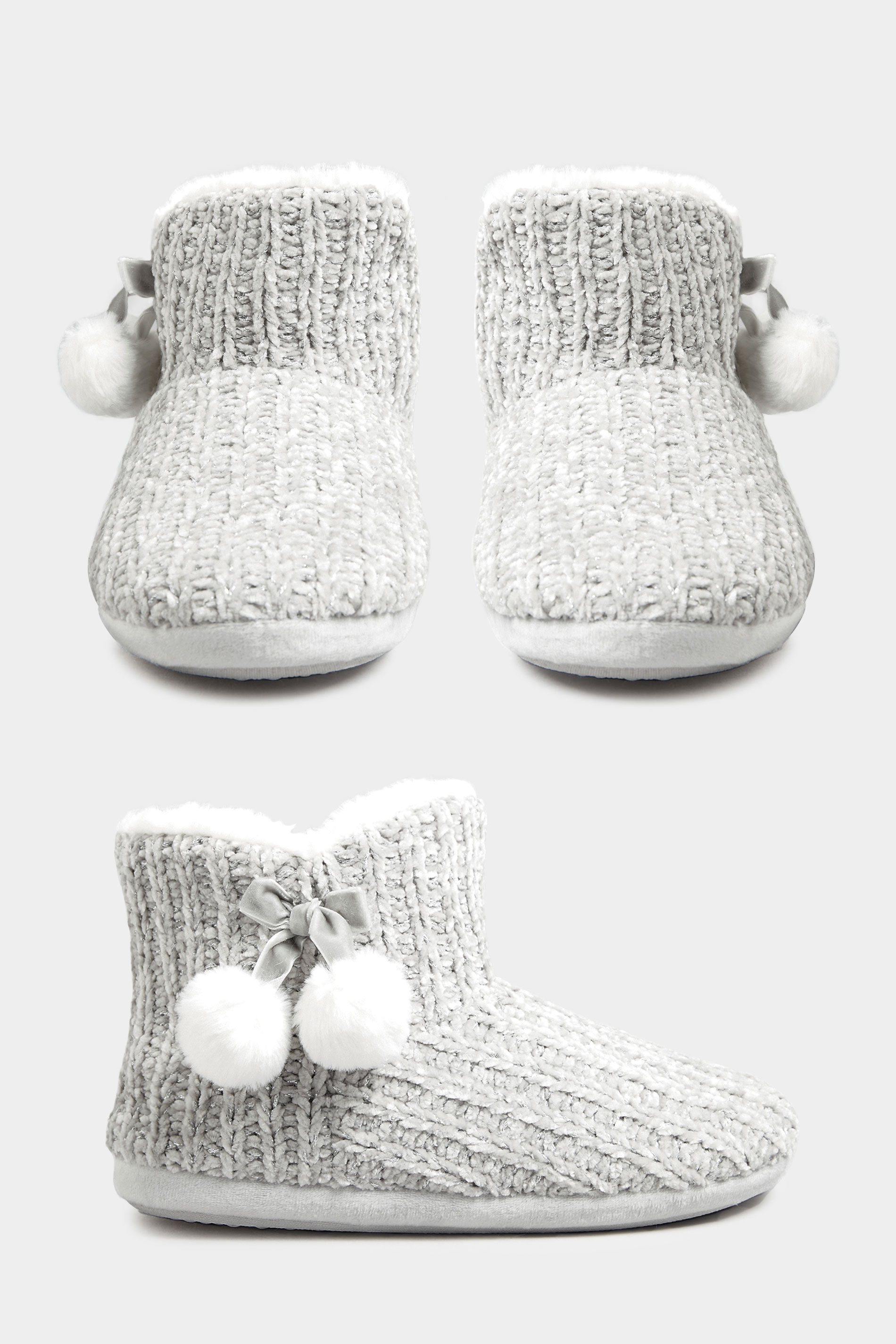 Grey Pom Pom Boot Slippers In Extra Wide Fit | Yours Clothing