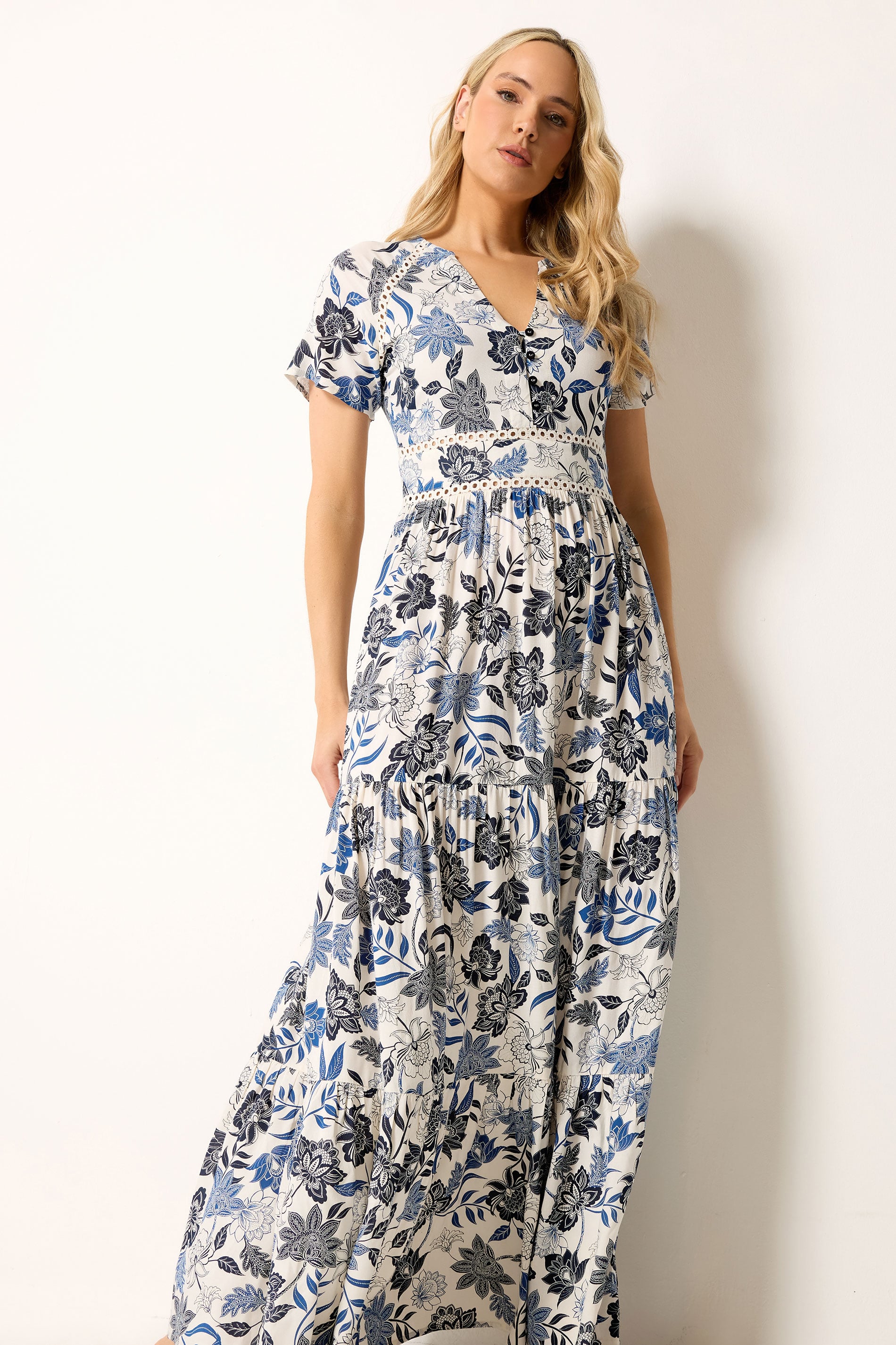 LTS Tall Women's Blue Floral Lace Detail Maxi Dress | Long Tall Sally 1
