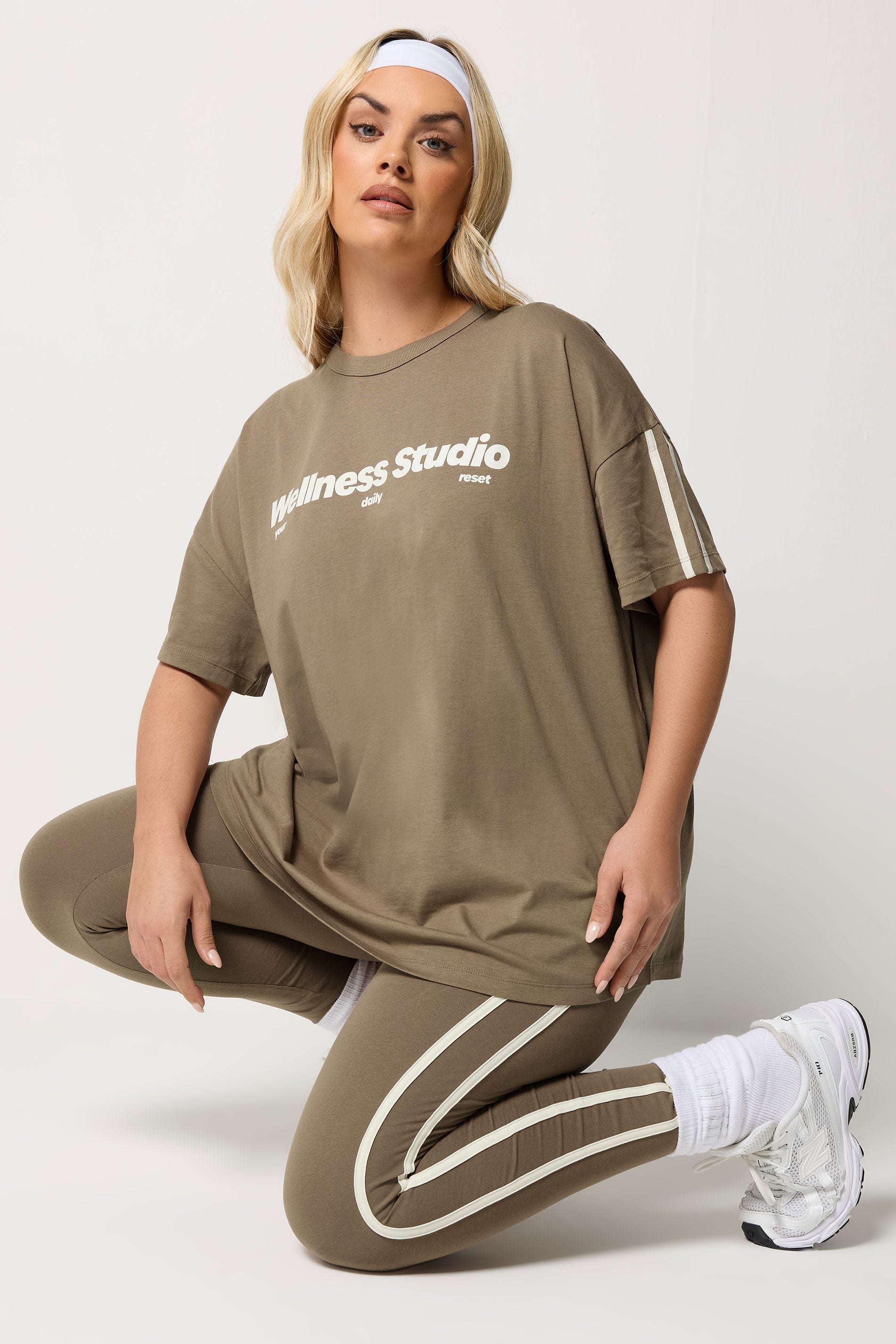 YOURS ACTIVE Plus Size Brown Side Stripe Leggings | Yours Clothing 3