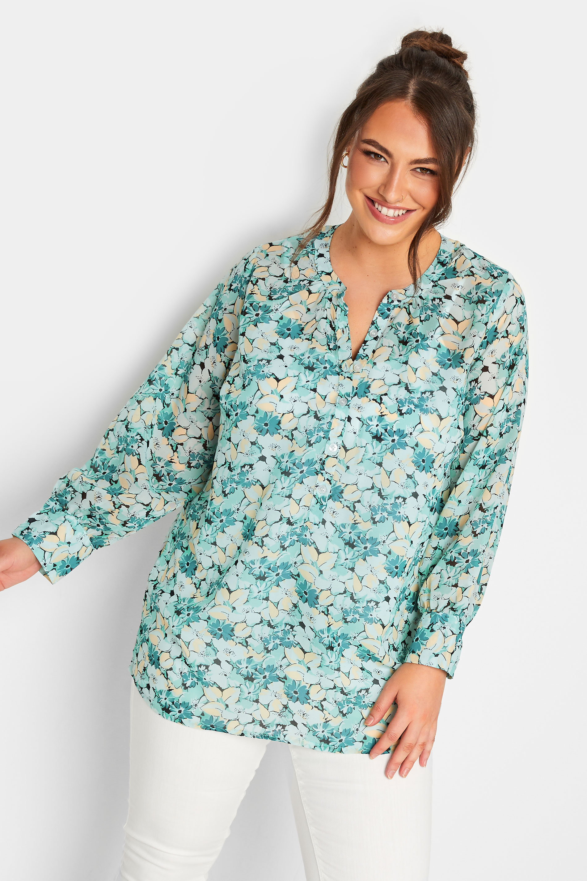 YOURS Curve Plus Size Blue Floral Chiffon Shirt | Yours Clothing  1