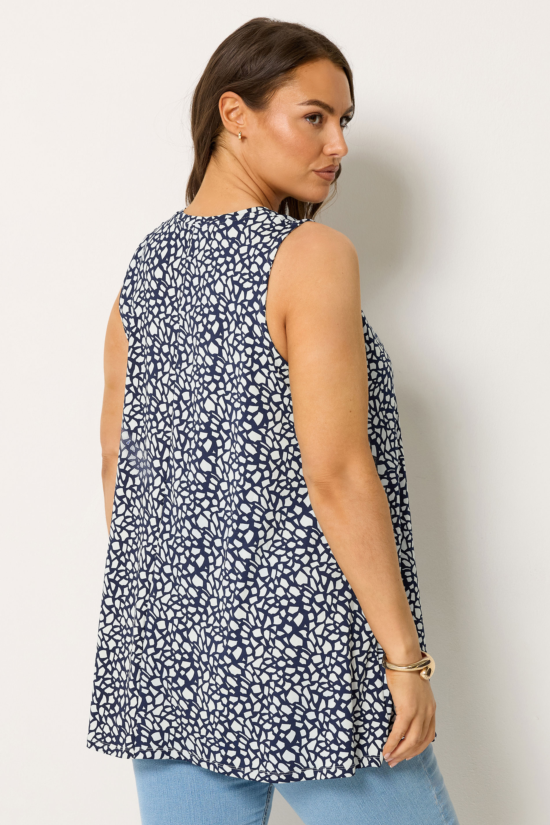 YOURS Curve Navy Blue Abstract Print Front Pleat Vest Top | Yours Clothing 2