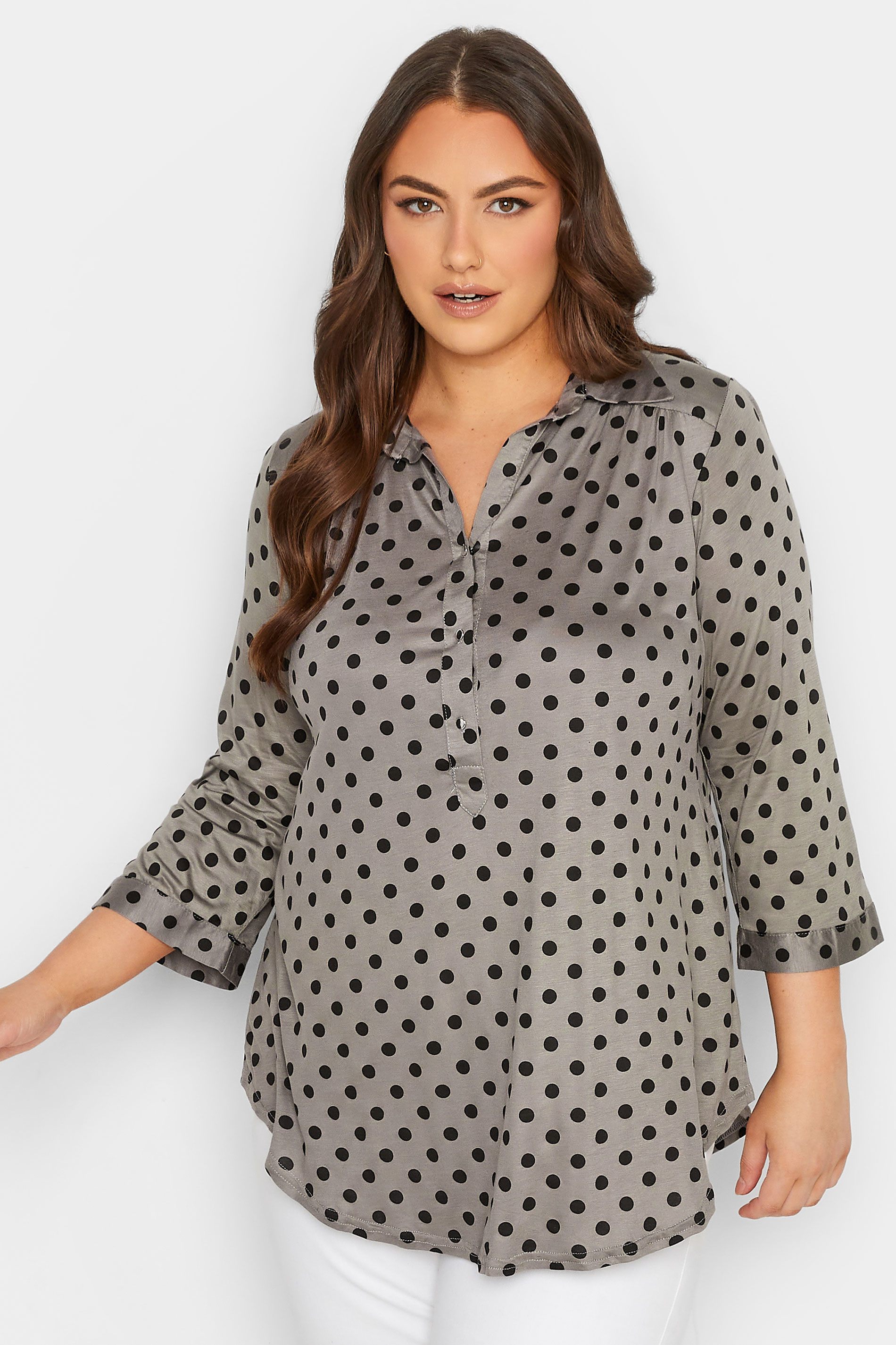 Curve Plus Size Polka Dot Grey Half Placket Shirt | Yours Clothing 1