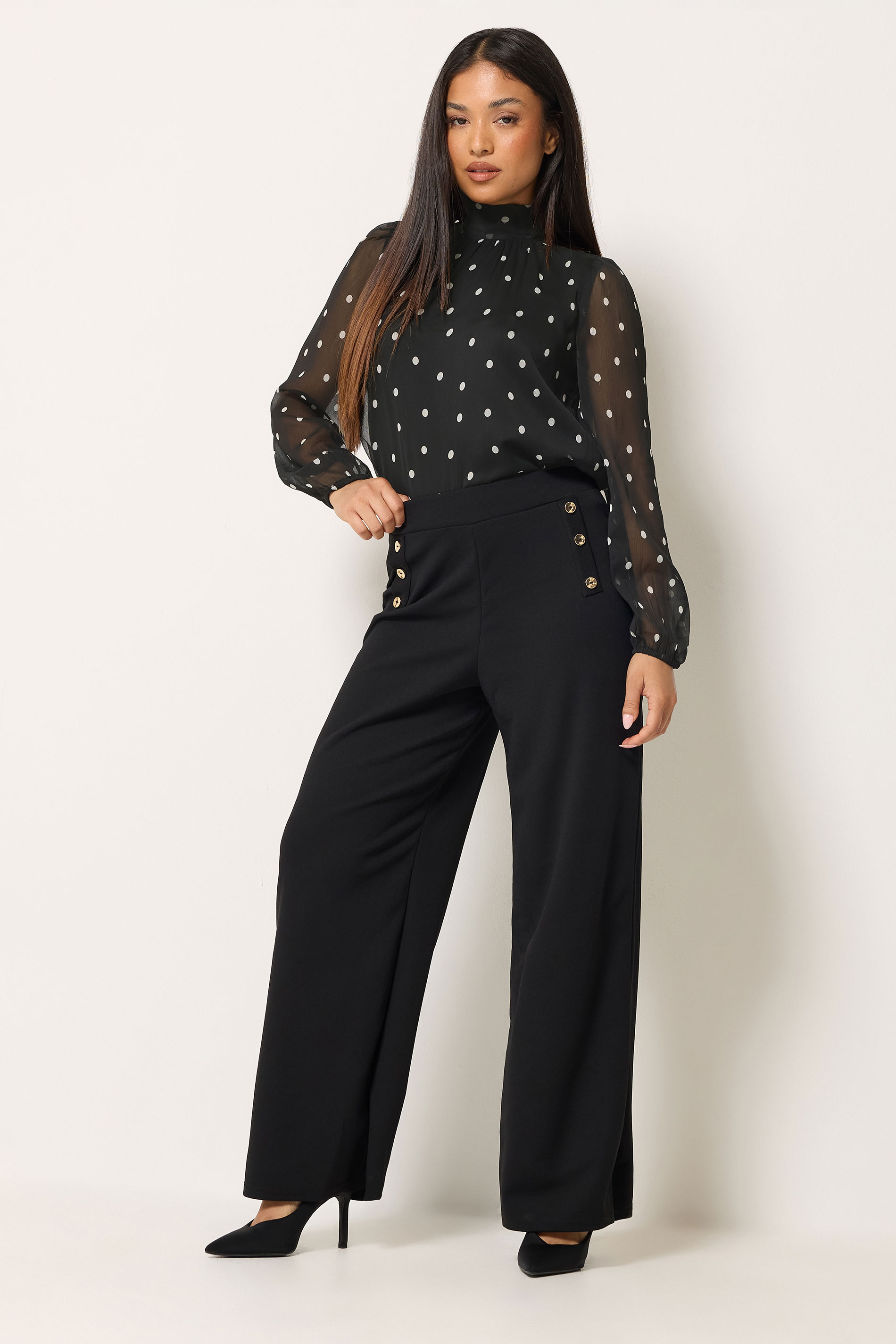 M&Co Petite Black Spot Print Tie Neck Chiffon Blouse | M&Co 1