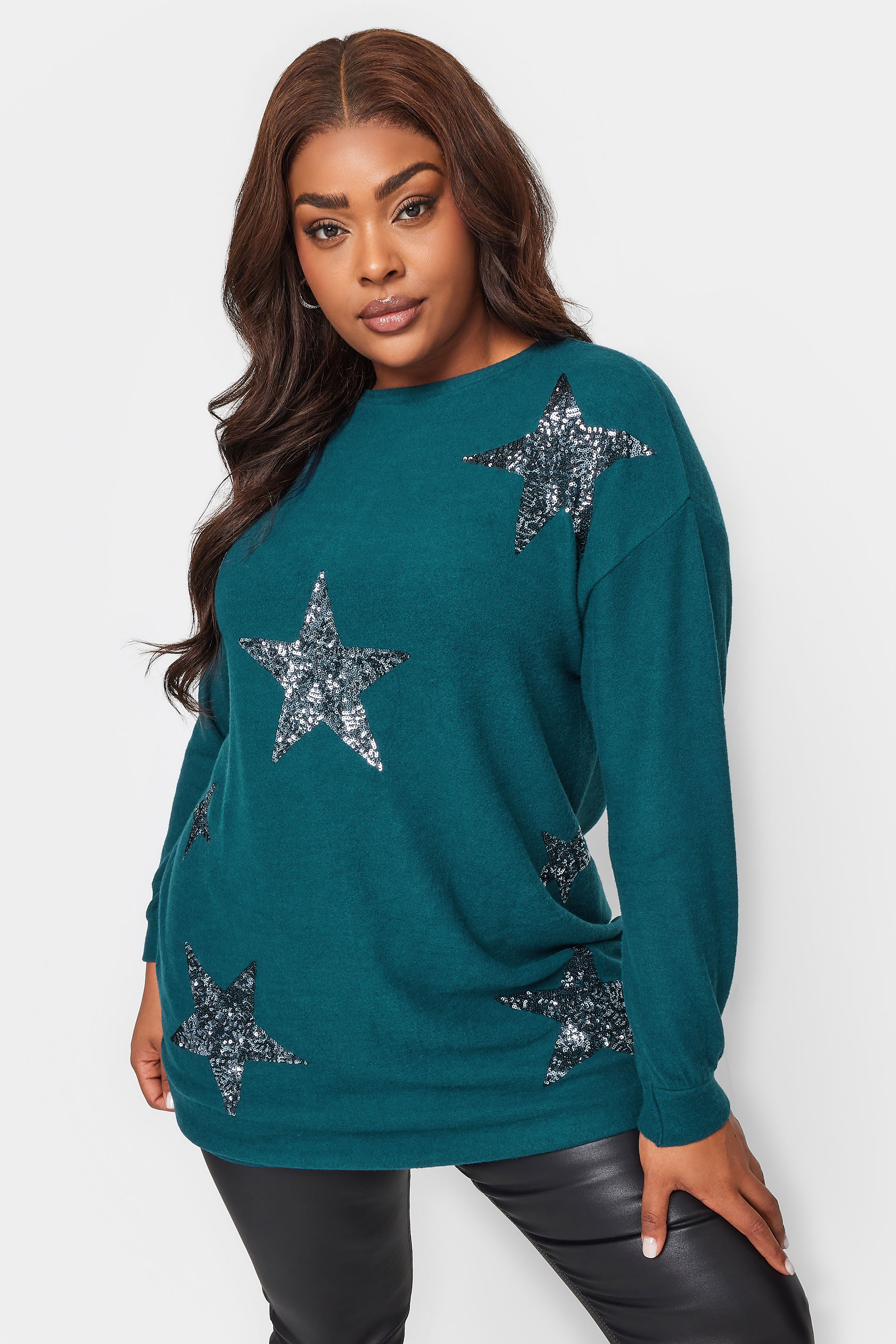 YOURS Plus Size Blue Sequin Star Jumper | Yours Clothing 1