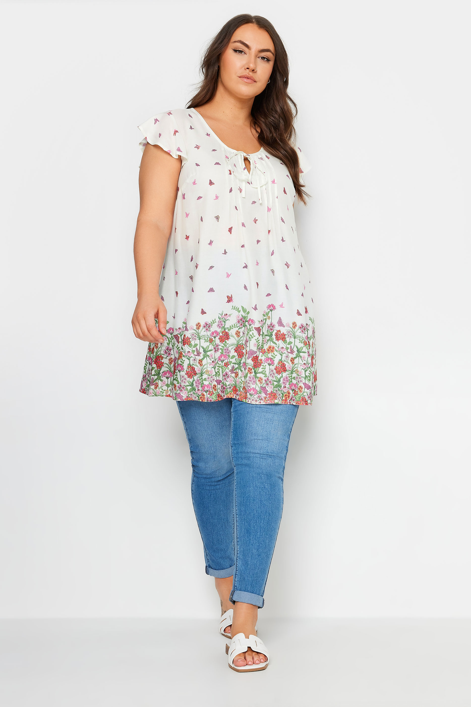 YOURS Plus Size White Floral Butterfly Print Blouse | Yours Clothing 2