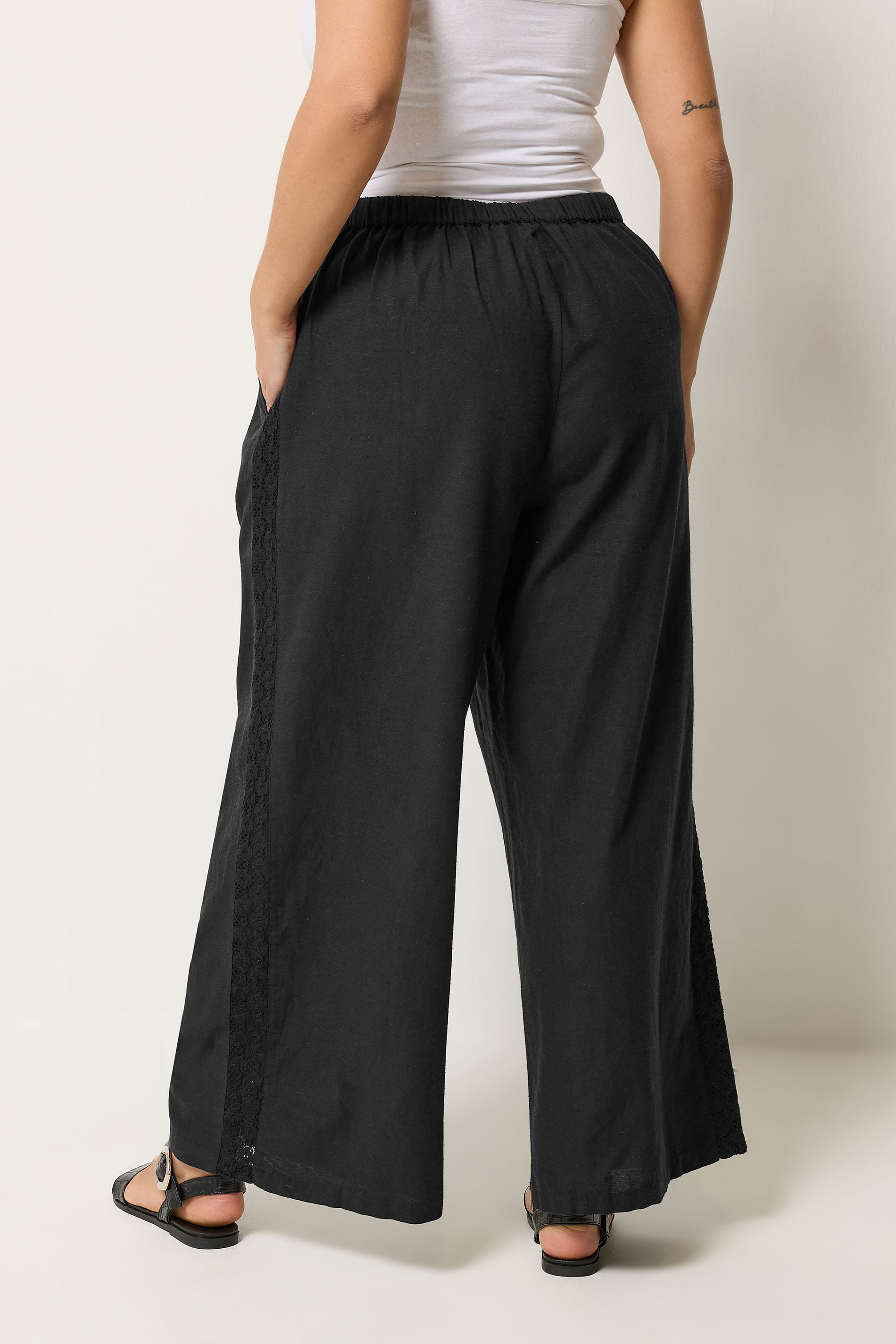YOURS Plus Size Black Crochet Detail Linen Trousers | Yours Clothing 2