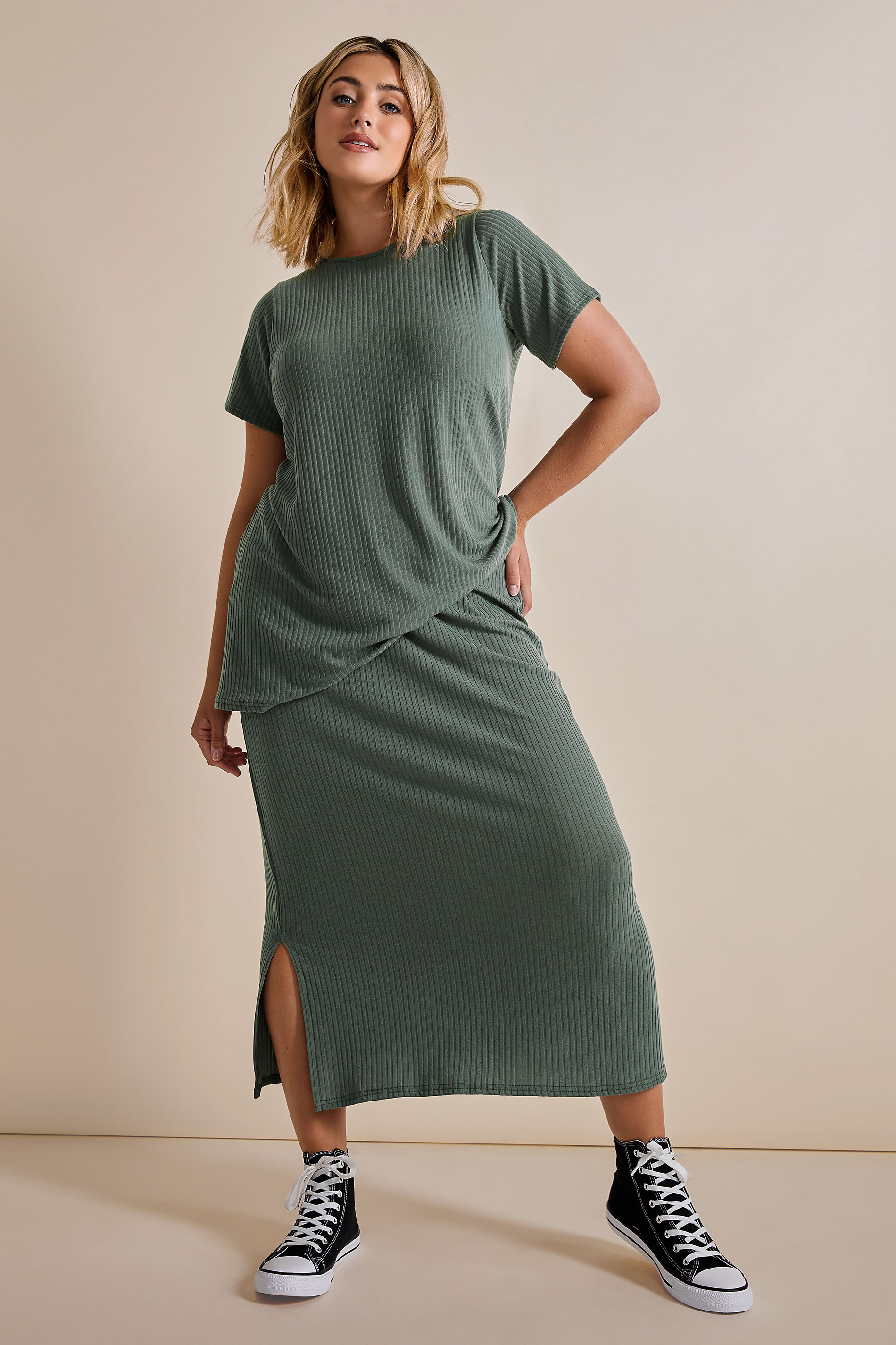 YOURS Plus Size Sage Green Ribbed Midi Skirt | Yours Clothing 1
