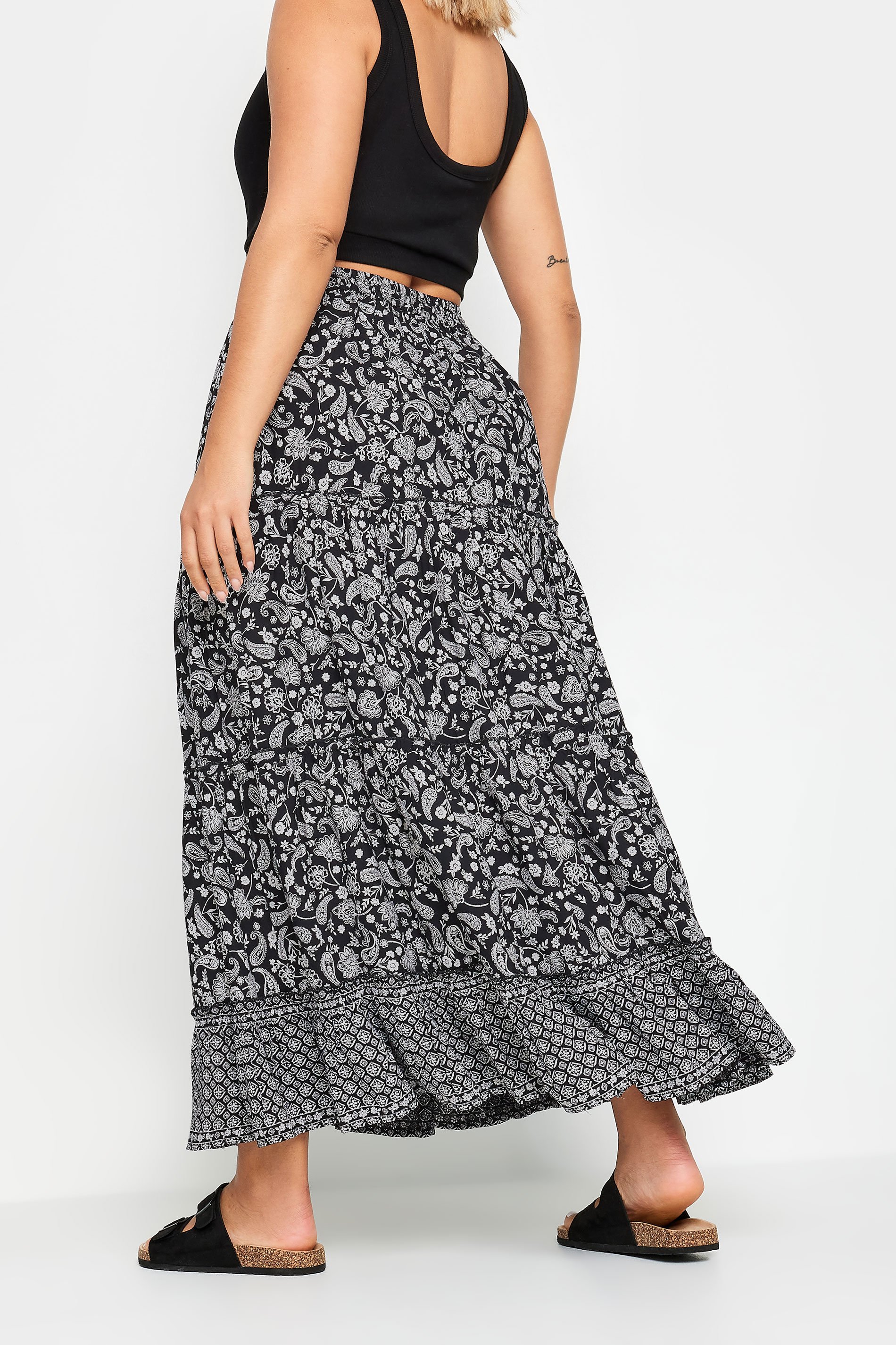 YOURS Plus Size Black Floral Print Tiered Maxi Skirt | Yours Clothing