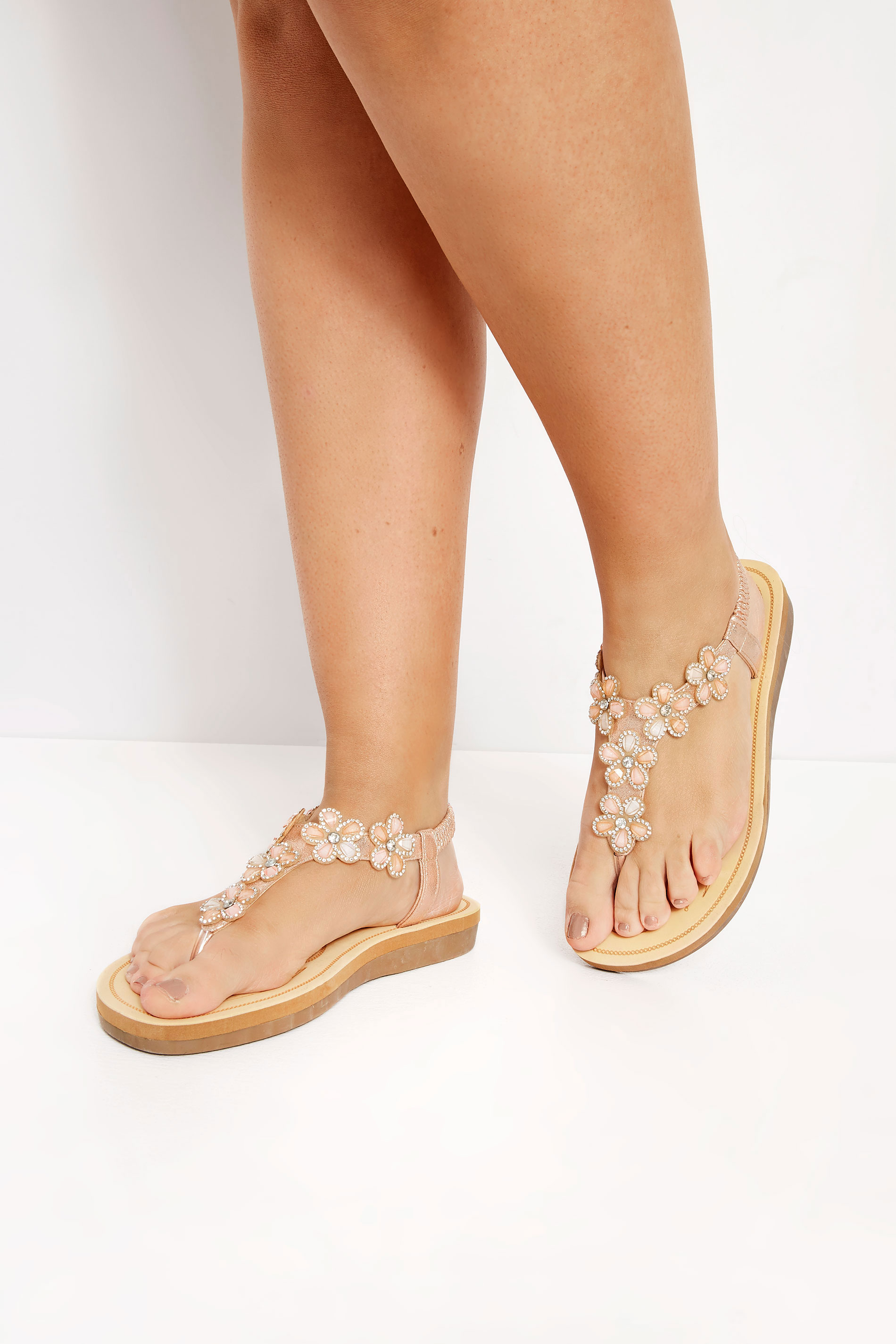 Rose Gold Diamante Flower Sandals In Wide E Fit & Extra Wide Fit | Yours Clothing 1