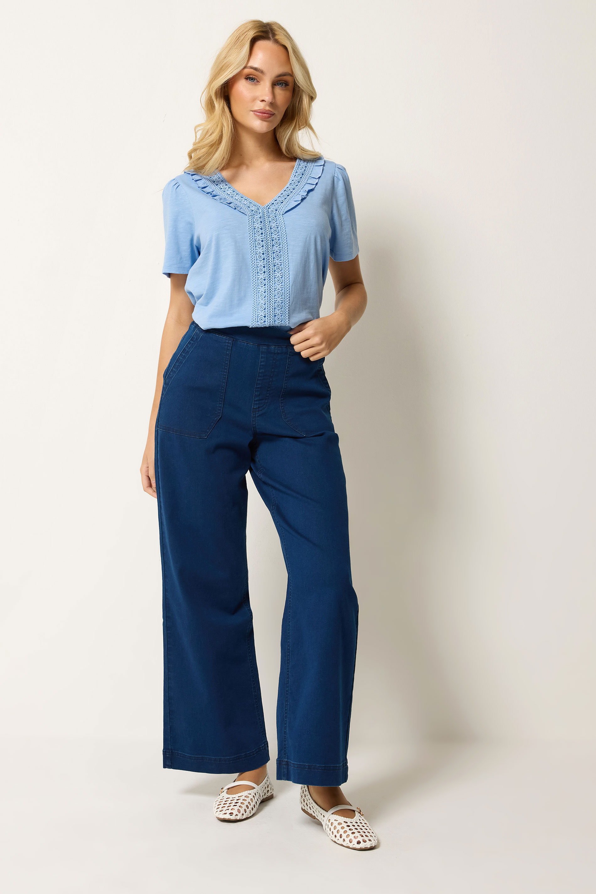 M&Co Blue Short Sleeve Frill Cotton Blouse | M&Co 1